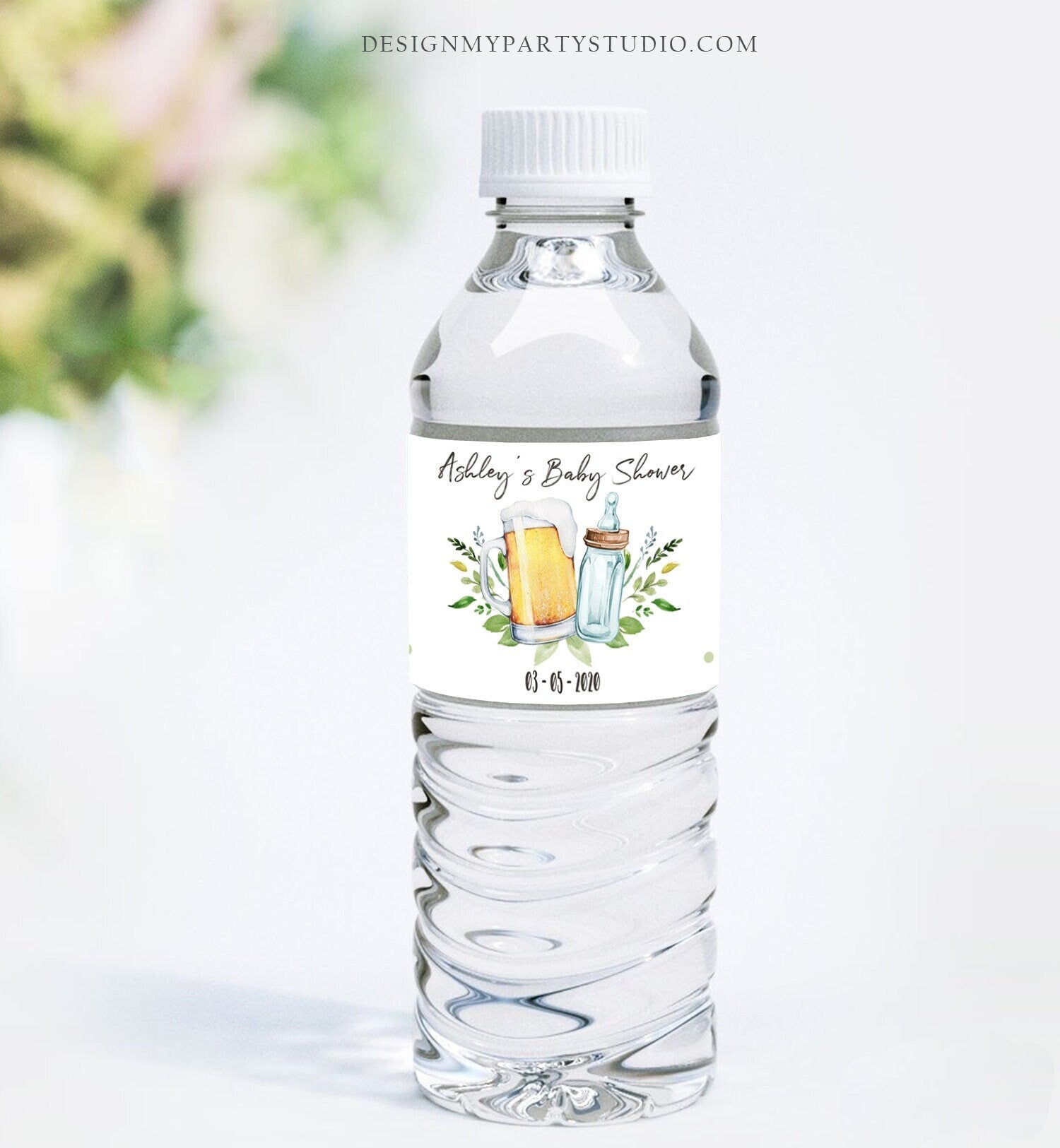 Editable Brewing Water Bottle Labels Baby is Brewing Baby Shower Decor Beer Bottle Greenery Bottle Label Digital Template Printable 0190