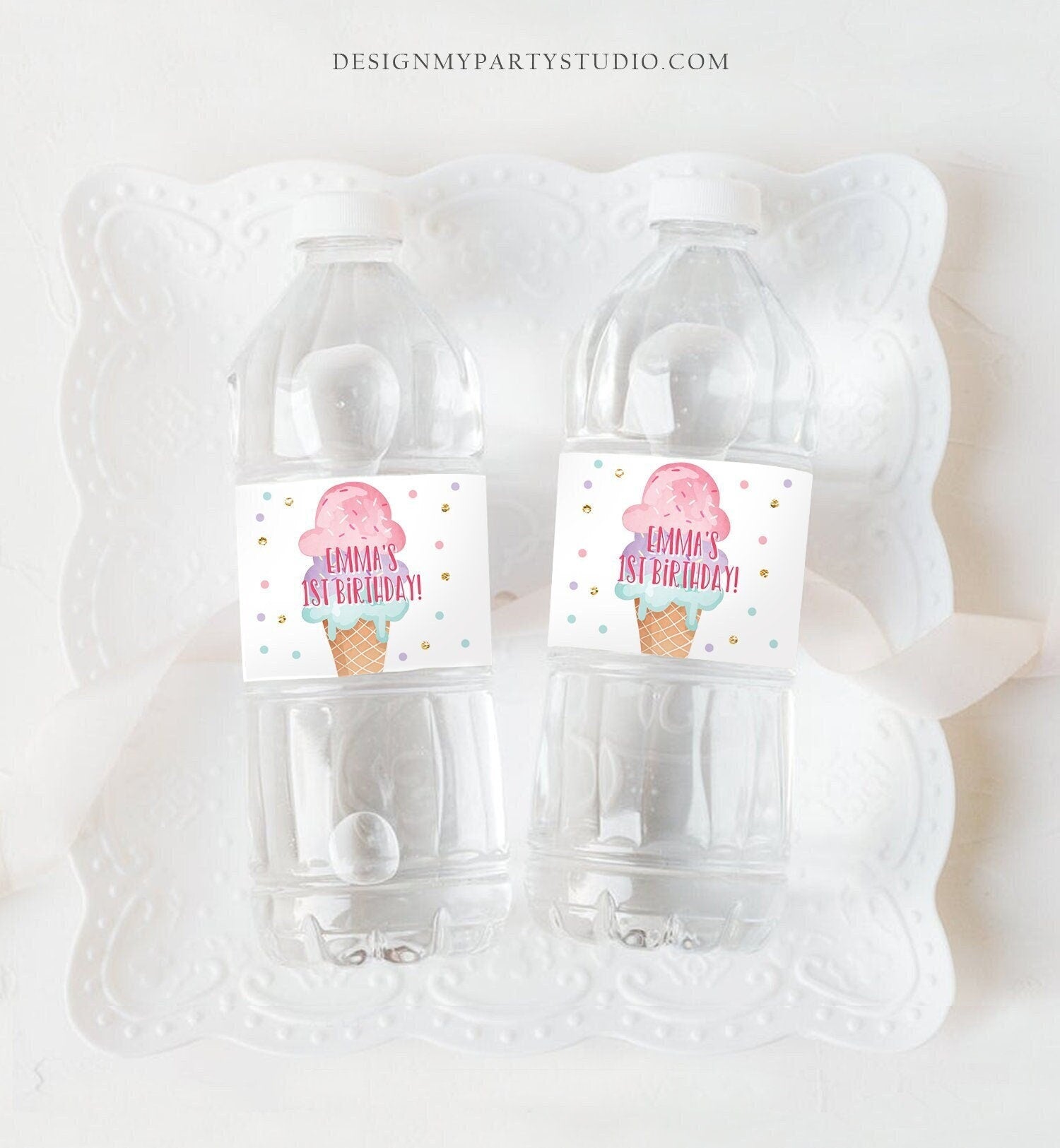 Editable Ice Cream Water Bottle Label Ice Cream Birthday Scoop Cone Mint Pink Purple Summer Girl Digital Download Template Printable 0243