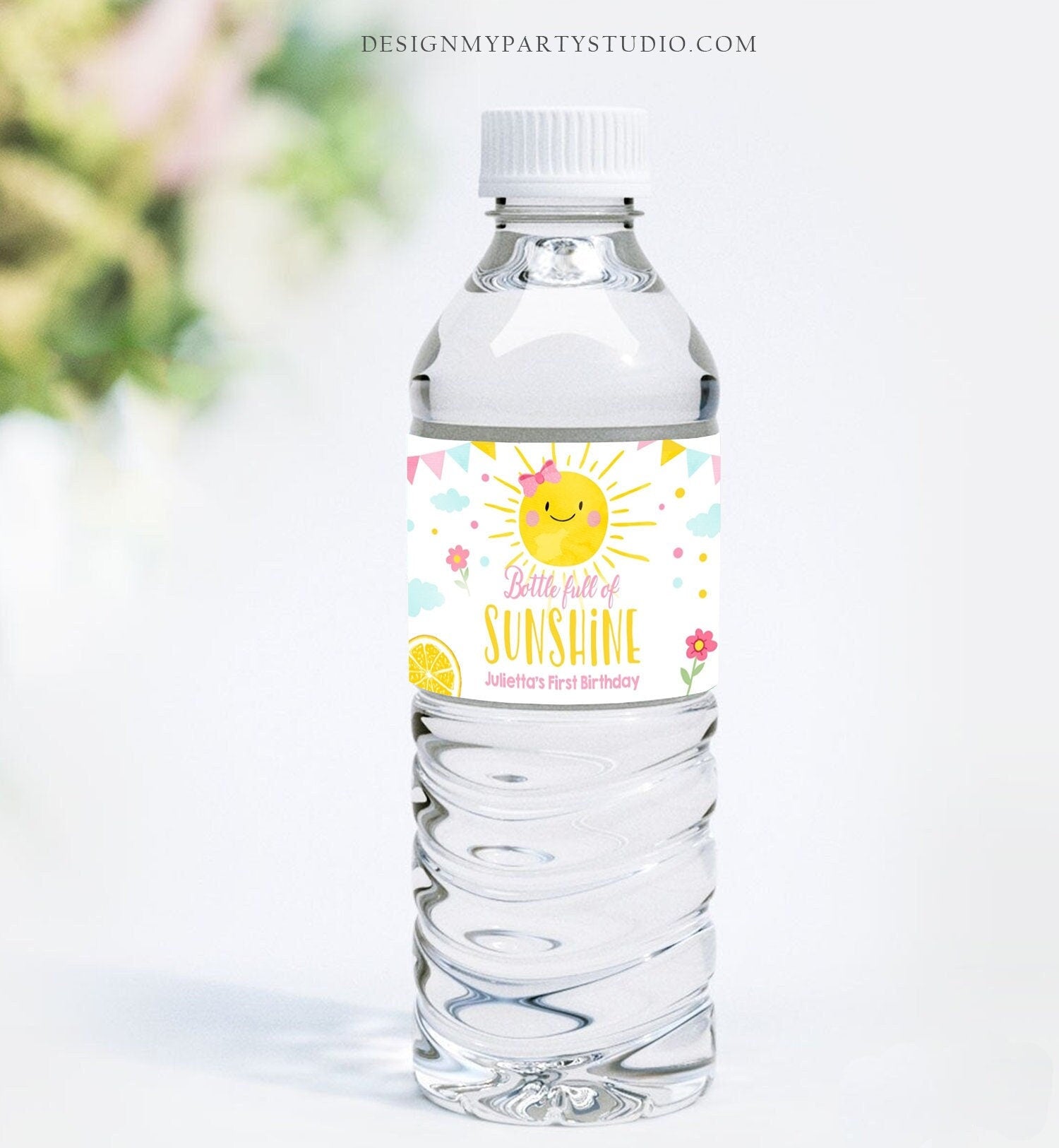 Editable Sunshine Water Bottle Label Girl Birthday My Little Sunshine Birthday Pink Lemonade and Fun Corjl Template Printable 0141