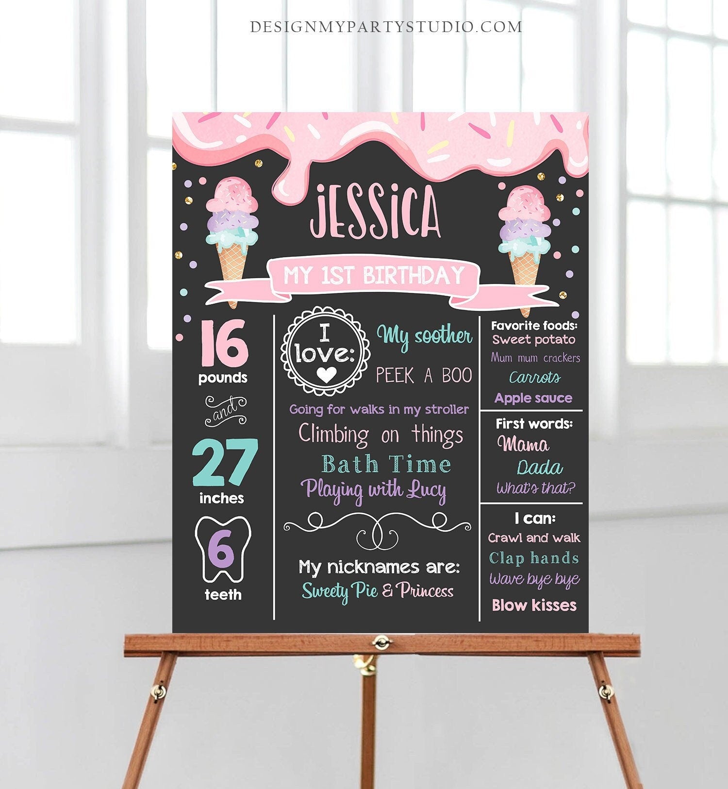 Editable Ice Cream Birthday Milestone Sign Poster Girl Pink First Birthday 1st Cone Sweet One Digital Download Template Printable 0243