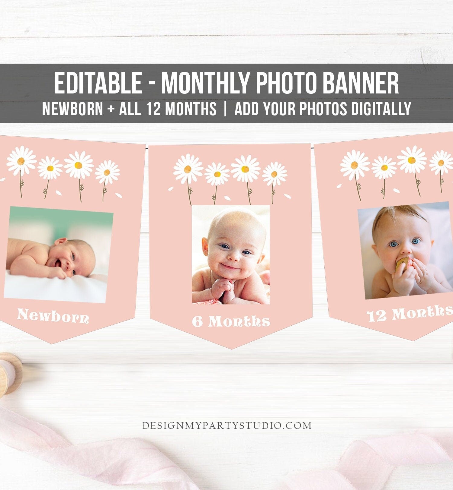 Editable Daisy First Birthday Banner Daisy Monthly Photo Banner Pink Girl Miss Onederful Floral Boho ONE 1st Digital Template Printable 0410