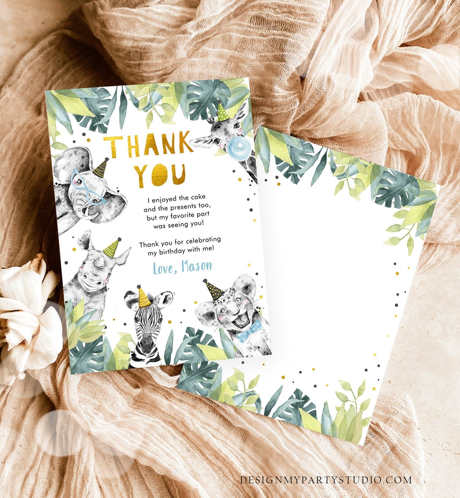 Editable Thank You Card Safari Animal Wild One Two Wild Thank You Note Boy Blue Gold Jungle Zoo Party Animal Digital Template Printable 0322