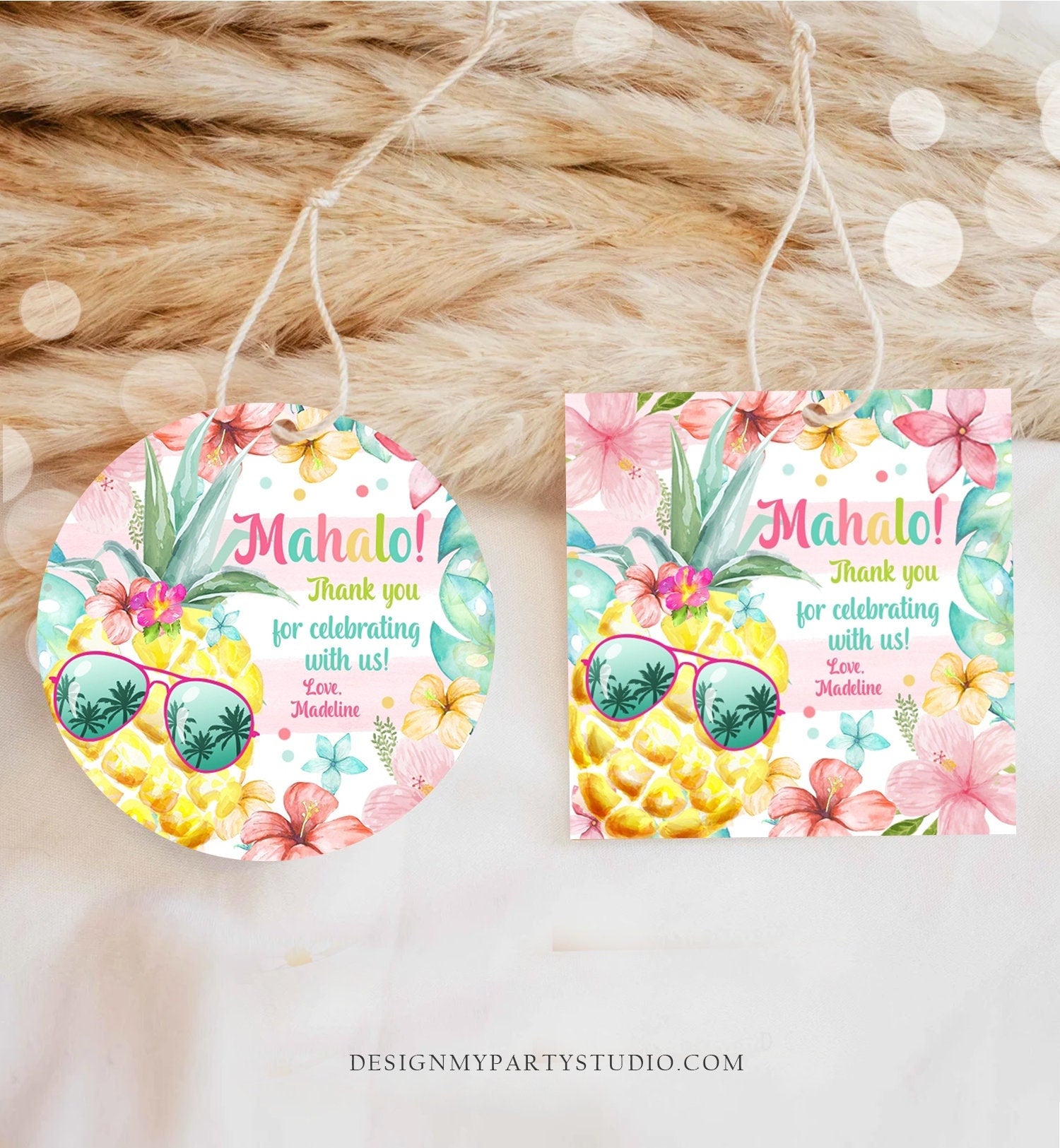 Editable Tropical Aloha Hawaiian Favor Tag Luau Birthday Party Pineapple Sticker Mahalo Pool Party Pink Girl Digital Template Printable 0391