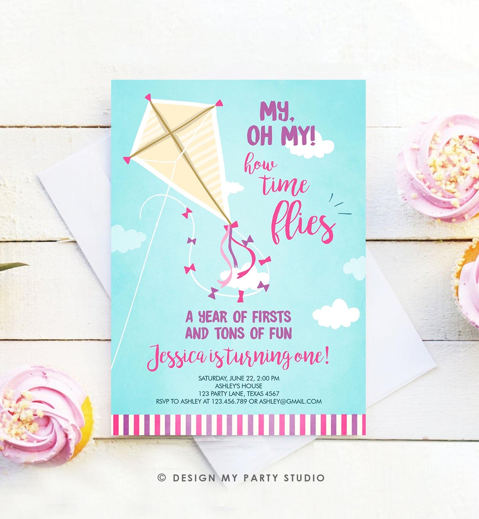 Editable Kite Birthday Invitation Oh My Time Flies First Birthday Girl Pink Park 1st Birthday Invite Download Printable Evite Template 0316