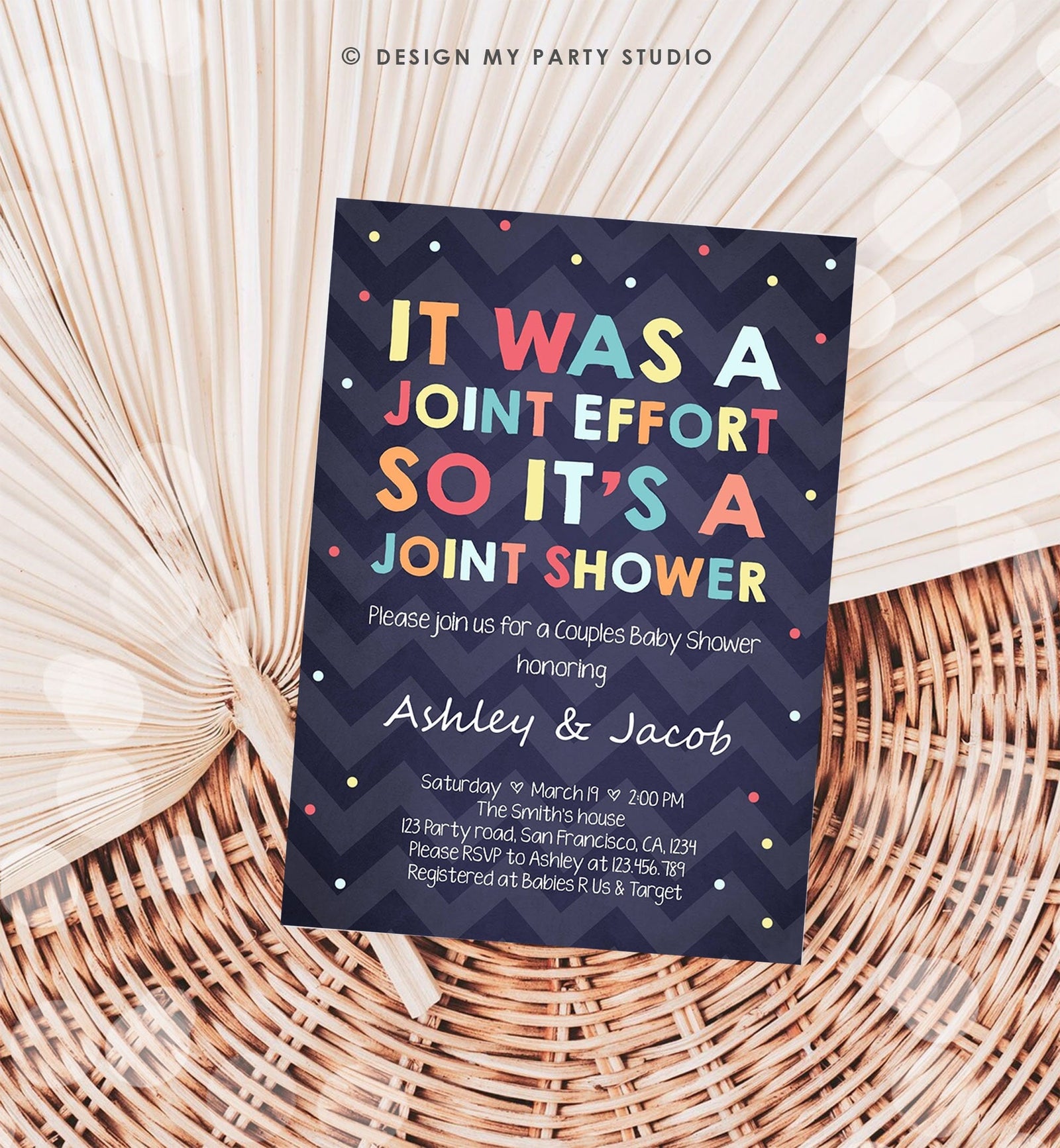 Editable Couples Baby Shower Invitation Coed Baby Shower Joint Funny Navy Confetti Neutral Digital Download Template Printable 0181