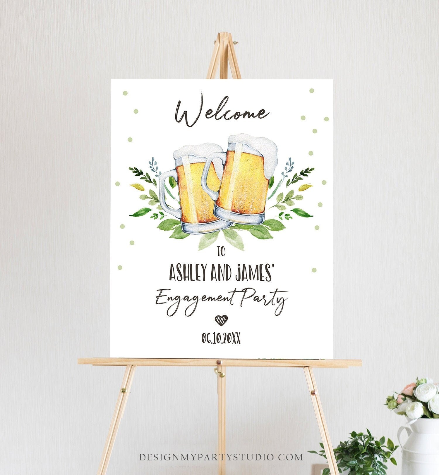 Editable Love is Brewing Welcome Sign Brewing Couples Shower Beers Cheers Wedding Brews Before I Do Greenery Digital Template Printable 0190