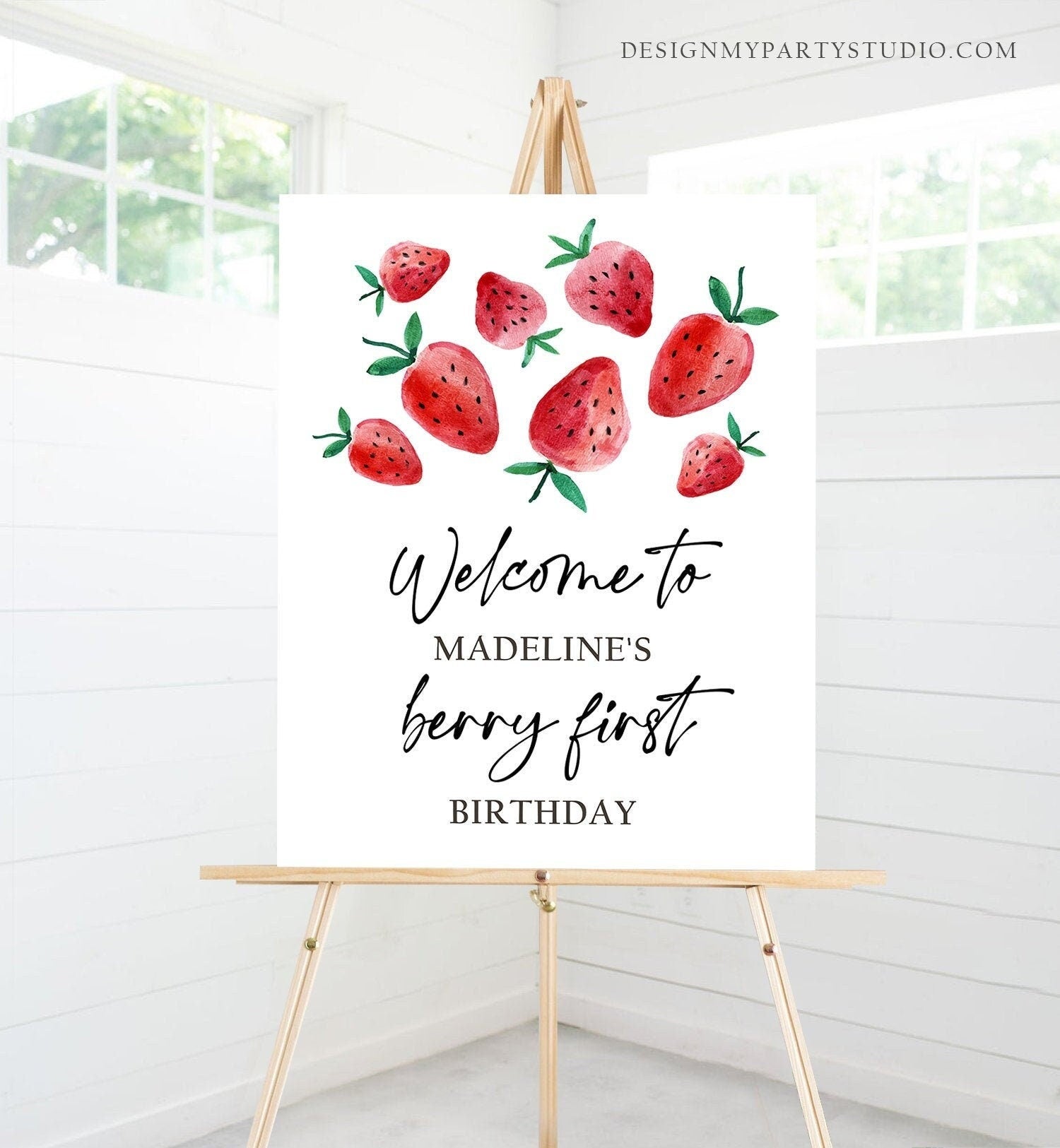 Editable Strawberry Welcome Sign Strawberry Birthday Welcome Farmers Market Girl Berry First Watercolor Digital Template Printable 0399