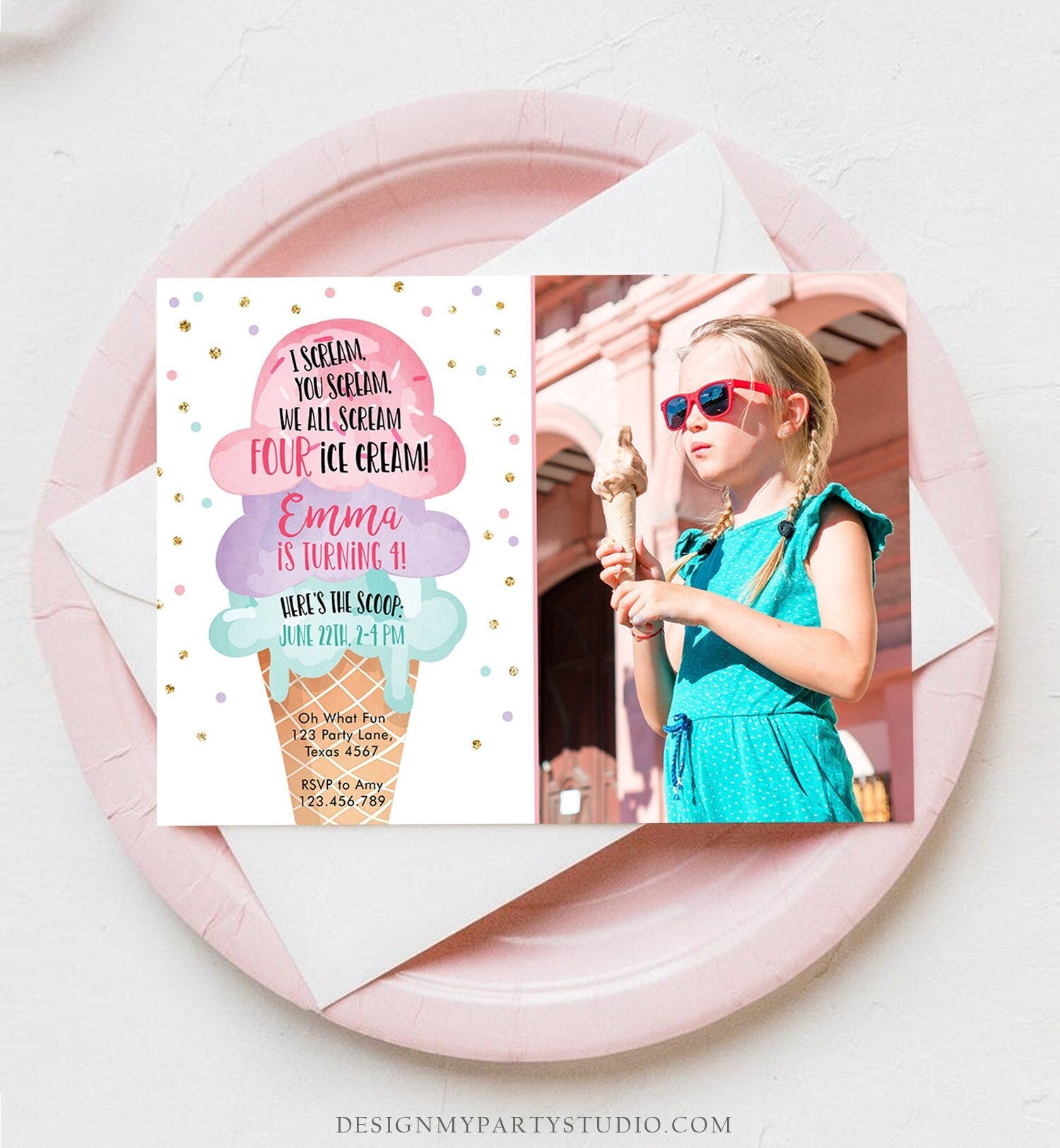 Editable Ice Cream I Scream Birthday Invitation Four Party 4th Here's the Scoop Cone Pink Mint Purple Digital Template Printable 0243