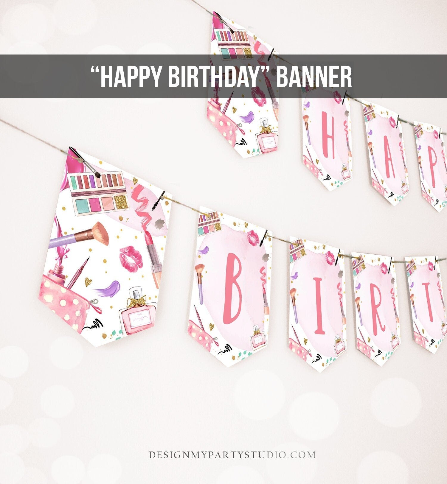 Spa Party Happy Birthday Banner Spa Glitters Glamour Banner Birthday Girl Pink Makeup Decoration Instant Digital Download Printable 0420