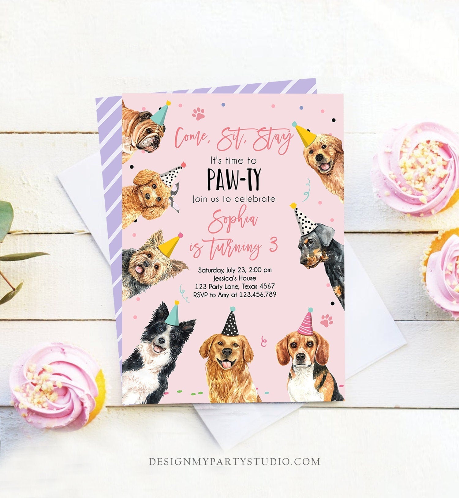 Editable Dog Birthday Party Invitation Puppy Birthday Pink Girl Doggy Shelter Animal Pet Vet Digital Download Evite Template Printable 0384