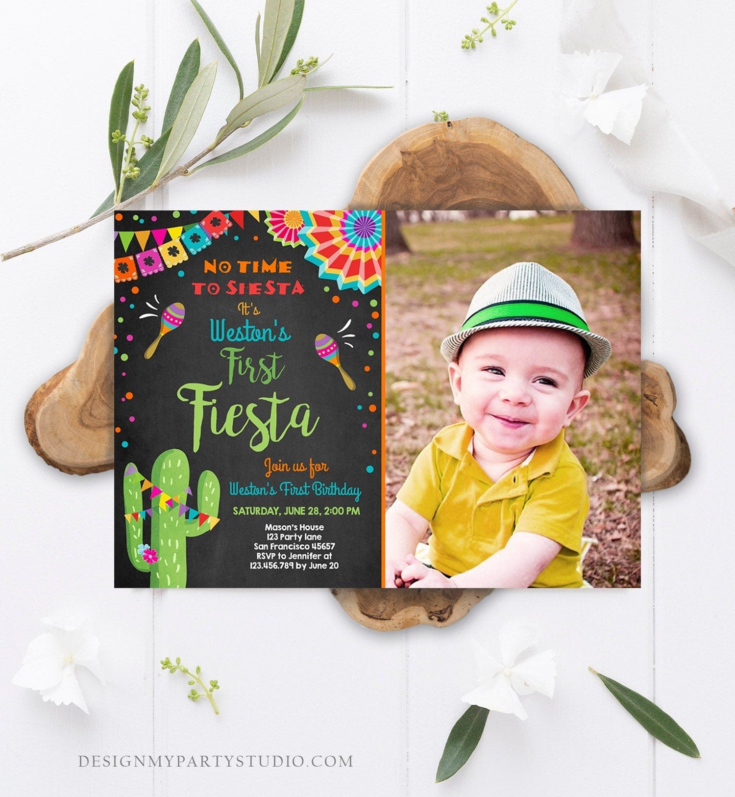Editable First Fiesta Birthday Invitation Let's Fiesta No Time To Siesta Cactus Mexican Boy Samba Digital Evite Template Printable 0045