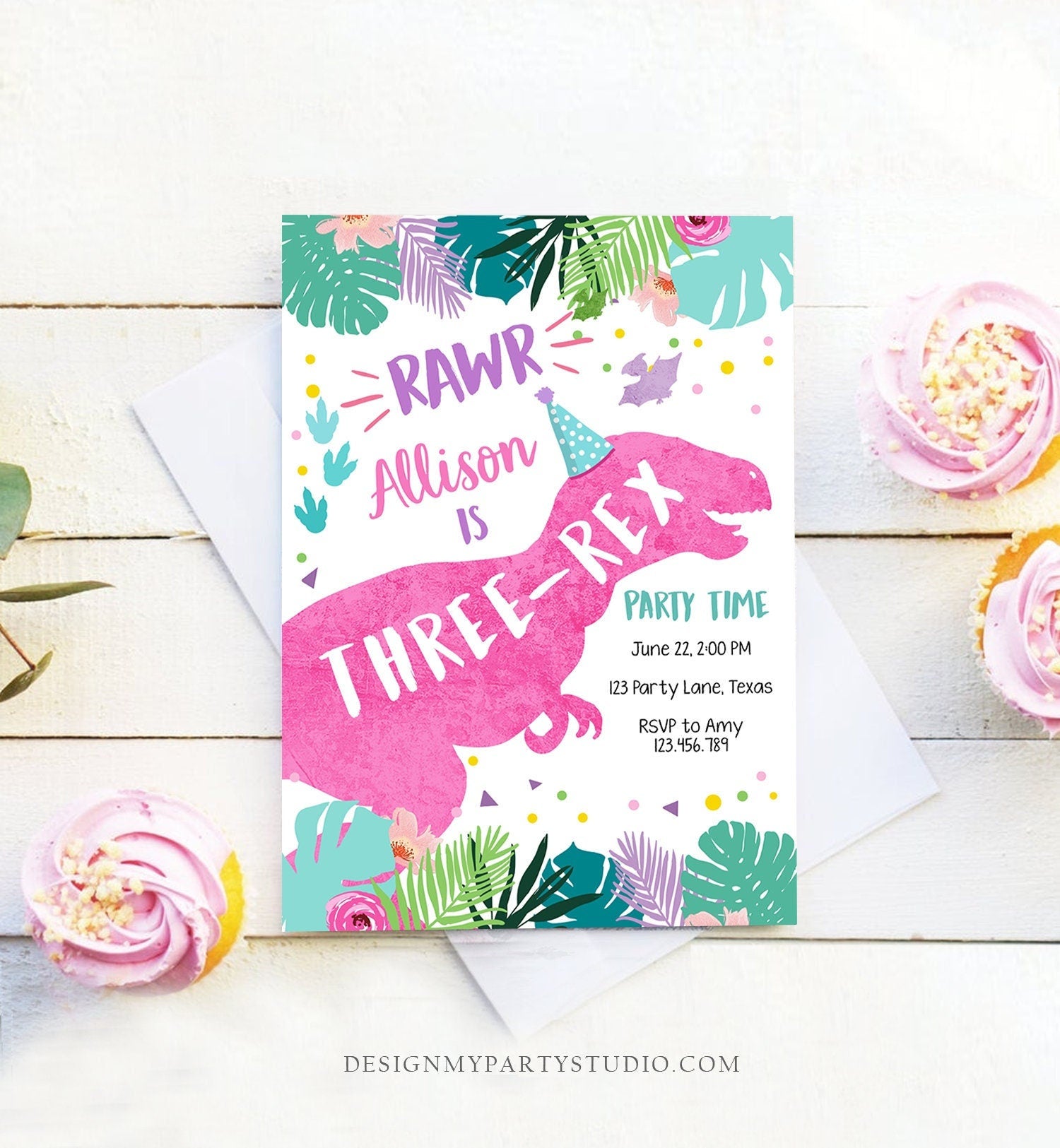 Editable Three-Rex Dinosaur Birthday Invitation Dino T-Rex Third Birthday 3rd Rawr Girl Pink Prehistoric Digital Template Printable 0423