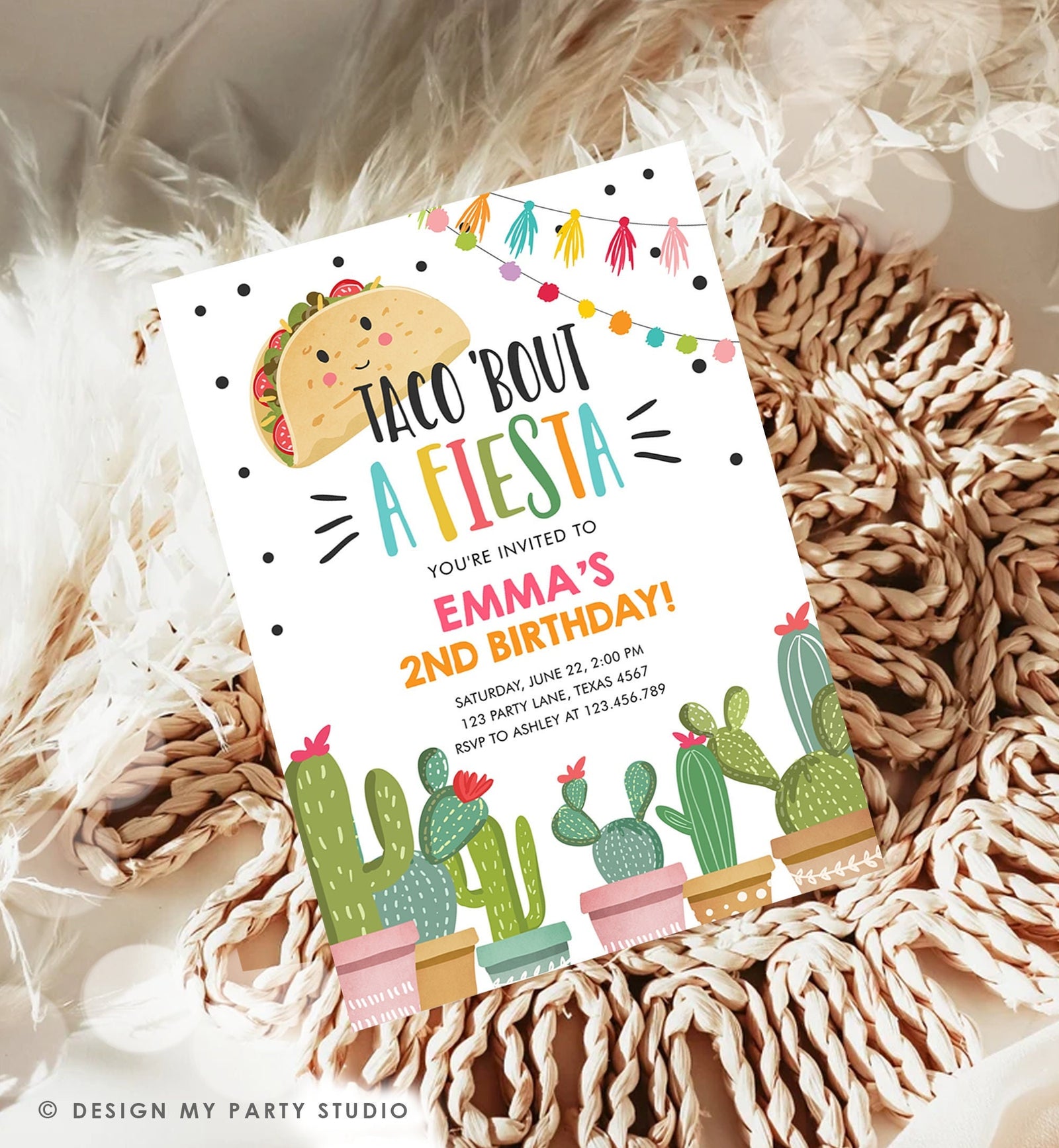 Editable Taco Bout a Fiesta Birthday Invitation Girl Pink Cactus Party Mexican Cinco de Mayo Digital Download Template Printable 0254