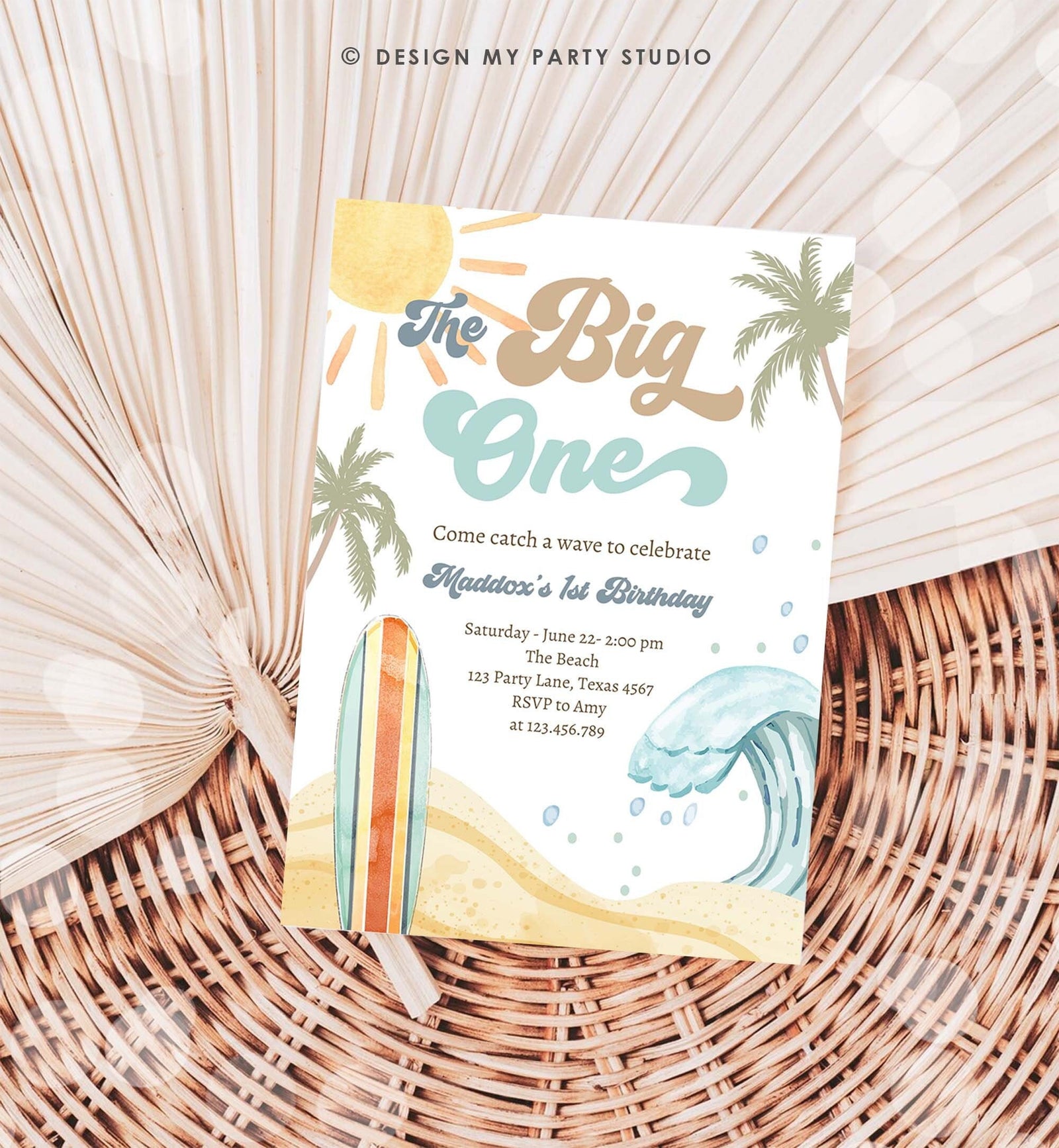 Editable The Big One Surf 1st Birthday Invitation Retro Surfboard Beach Party Wave Surfer Boho Digital Download Template Printable 0433