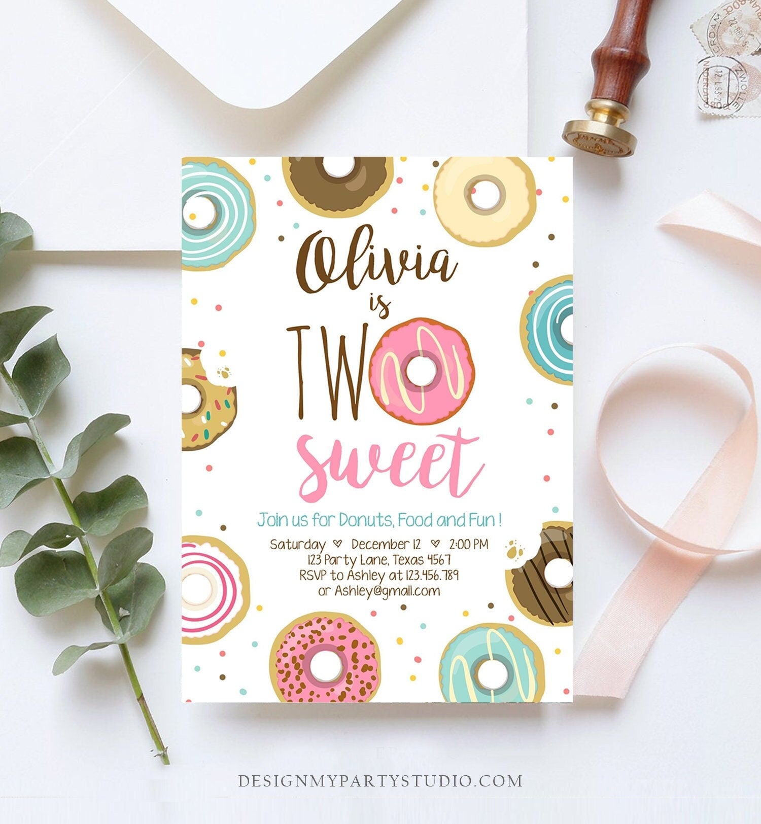Editable Two Sweet Donut Birthday Invitation Second 2nd Girl Pink Doughnut Party Digital Download Evite Template Printable 0050