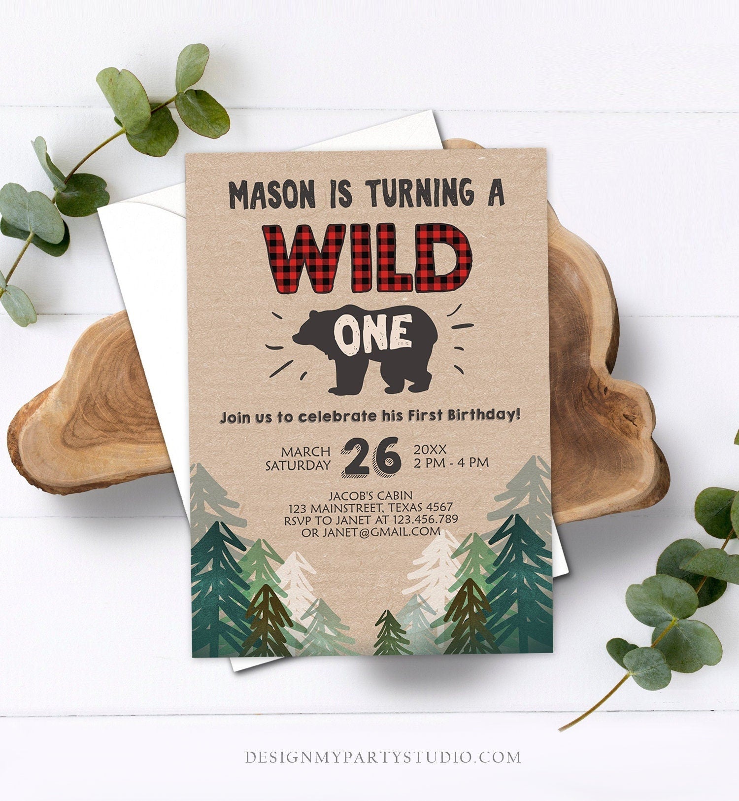 Editable Wild One Birthday Invitation Lumberjack First Birthday Trees Red Black Plaid Outdoor Bear Digital Download Template Printable 0026