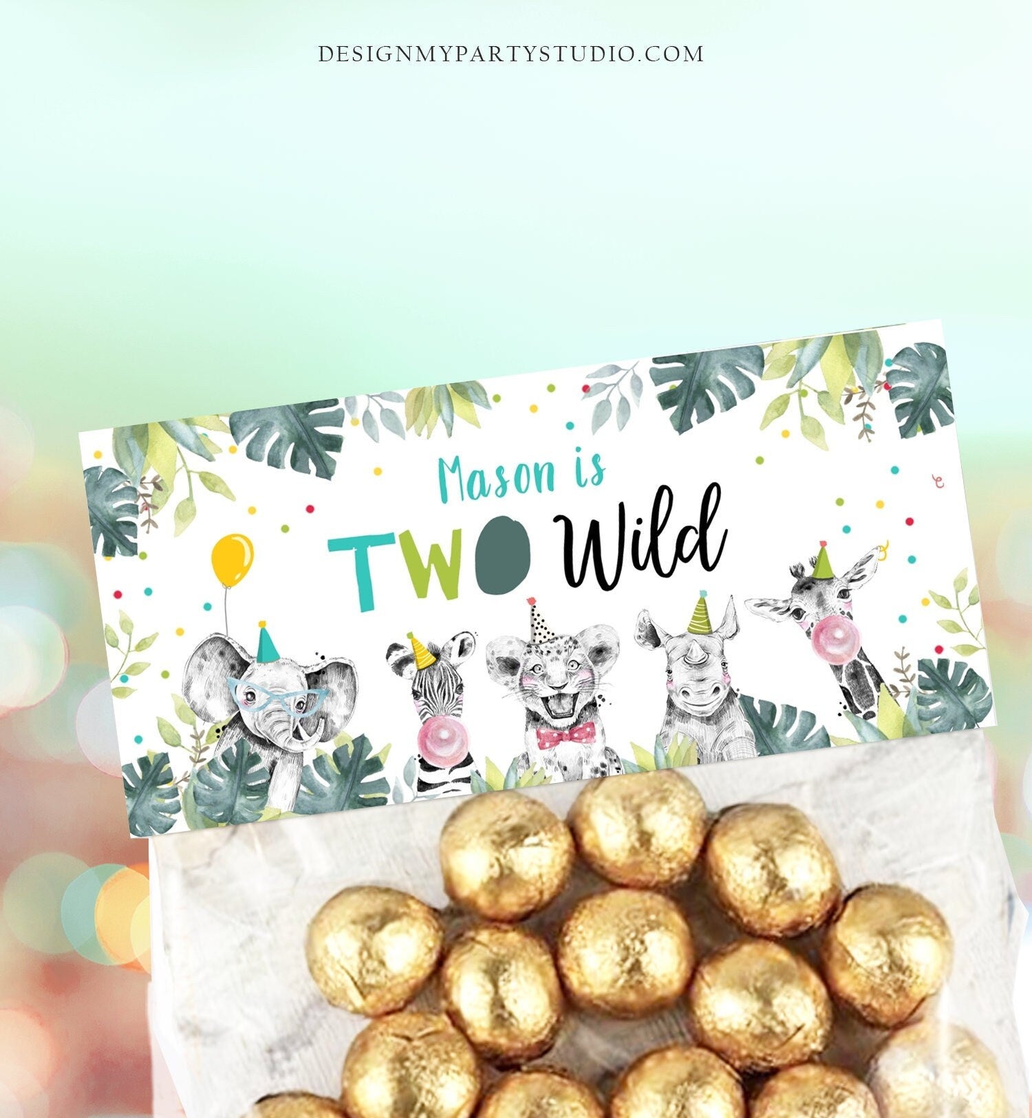 Editable Party Animals Treat Bag Toppers Safari Animals Second Birthday Boy Blue Two Wild Favor Bag Zoo 2nd Digital Template Printable 0322