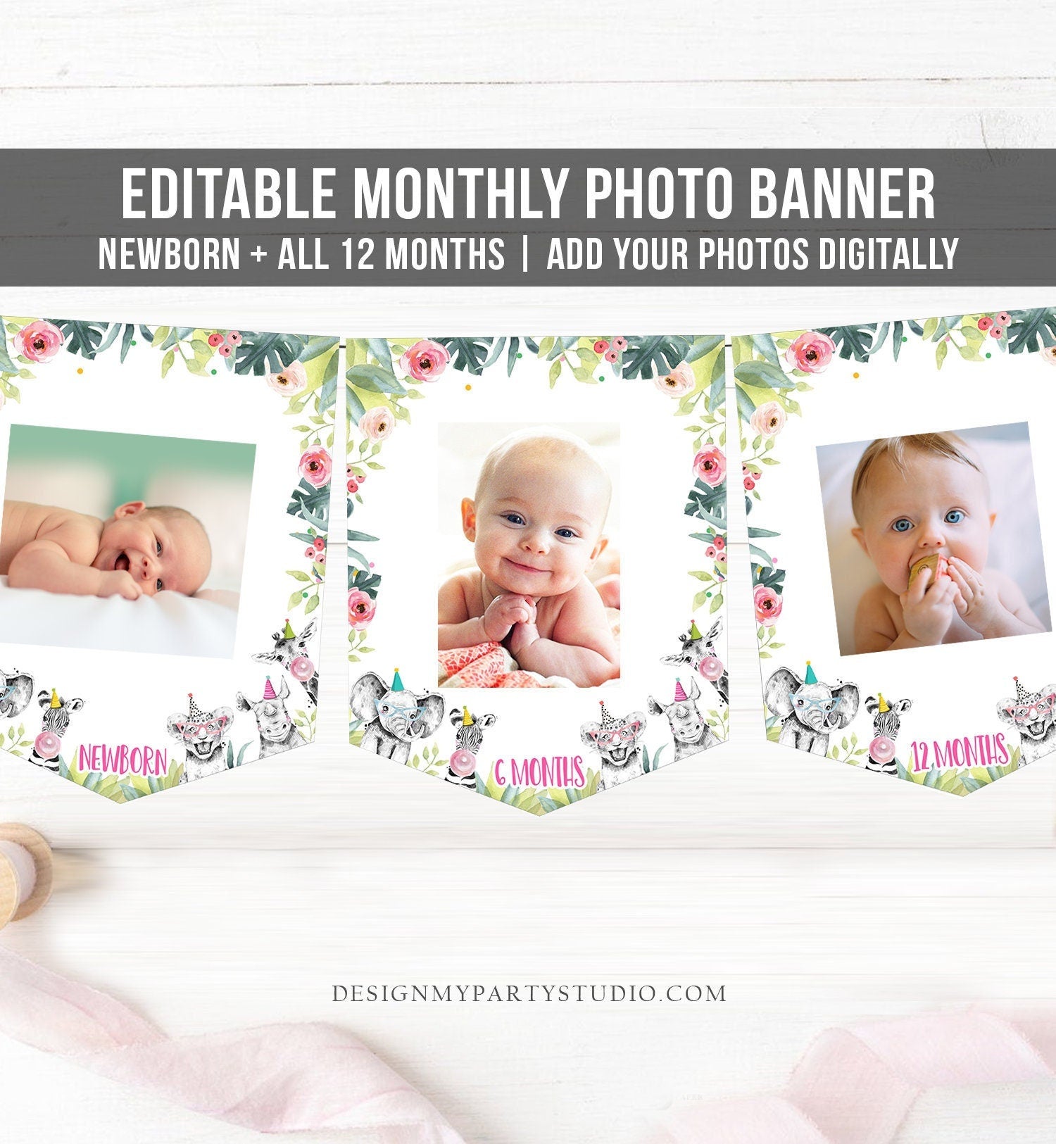Editable Monthly Photo Banner First Birthday Banner Party Animals Safari Animals Banner Wild One Confetti Digital Template Printable 0322