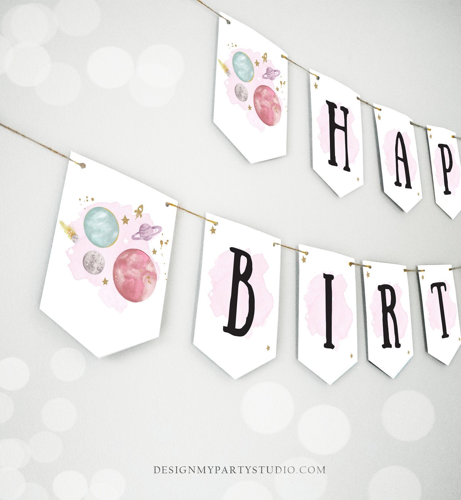 Happy Birthday Banner Outer Space Planets Banner Girl Pink Galaxy First Birthday Decorations Rocket Instant Download DIY Printable 0357