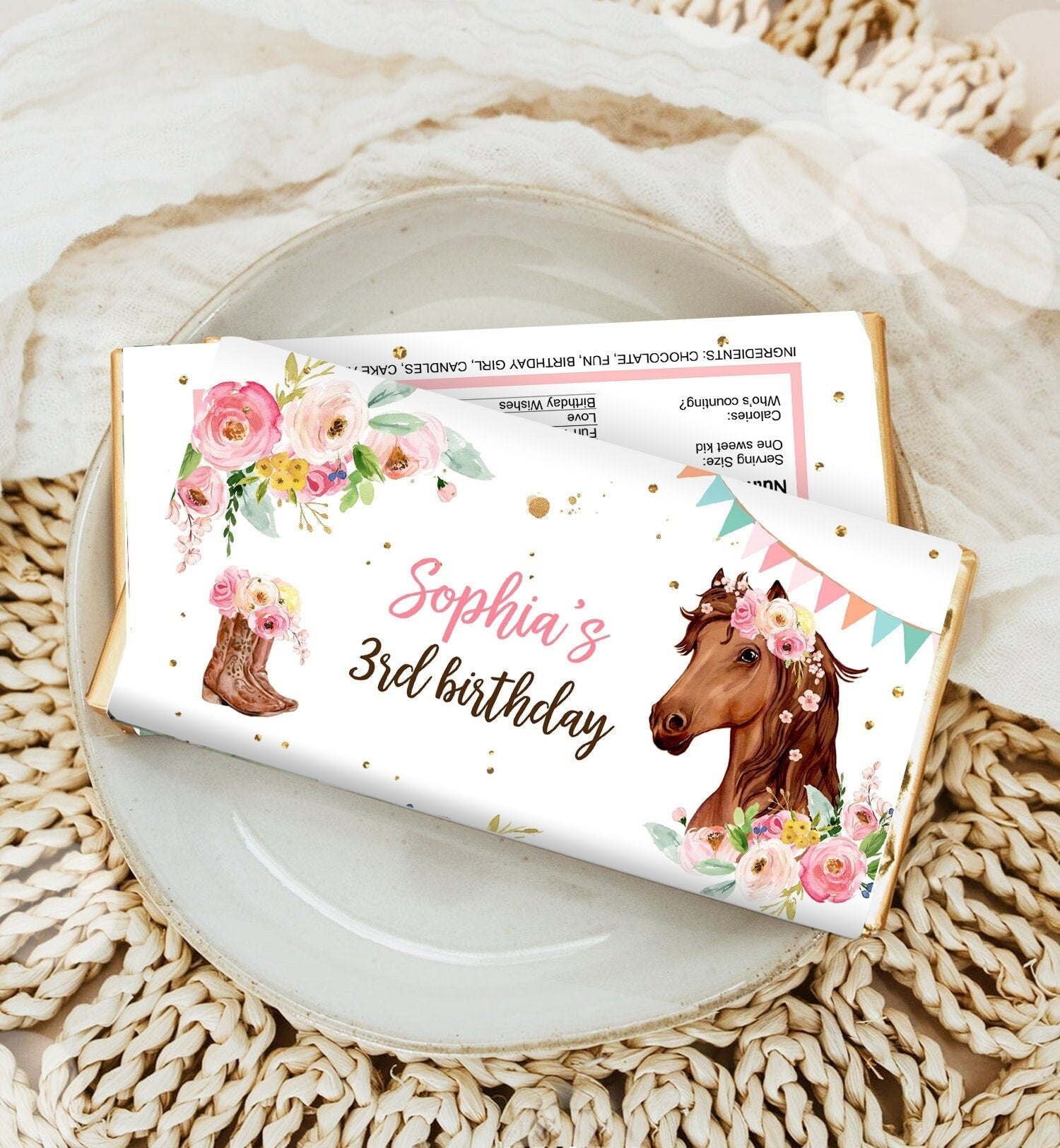 Editable Horse Chocolate Bar Labels Candy Bar Wrapper Horse Birthday Cowgirl Floral Girl Saddle Up Digital Download Template Printable 0408