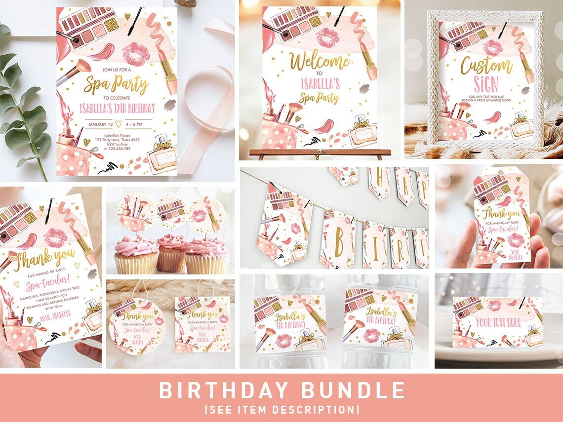 Spa Party Birthday Invitation Bundle Glitters and Glamour Make Up Fashion Birthday Party Girl Kit Package Digital Template Printable 0420