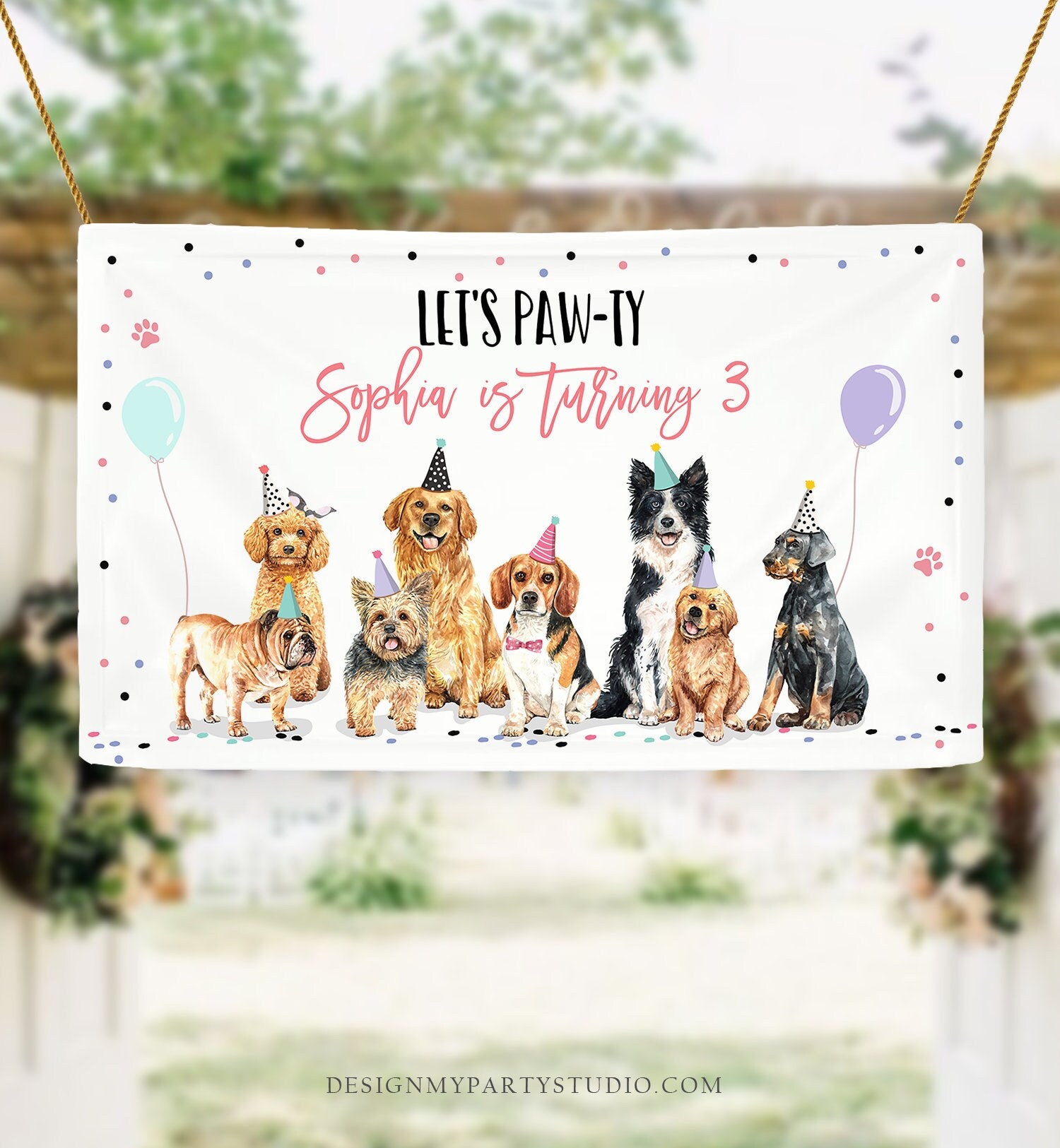 Editable Puppy Backdrop Banner Pink Dog Birthday Puppy Birthday Decorations Adopt a Pet Pawty Doggy Digital Download Template Printable 0384