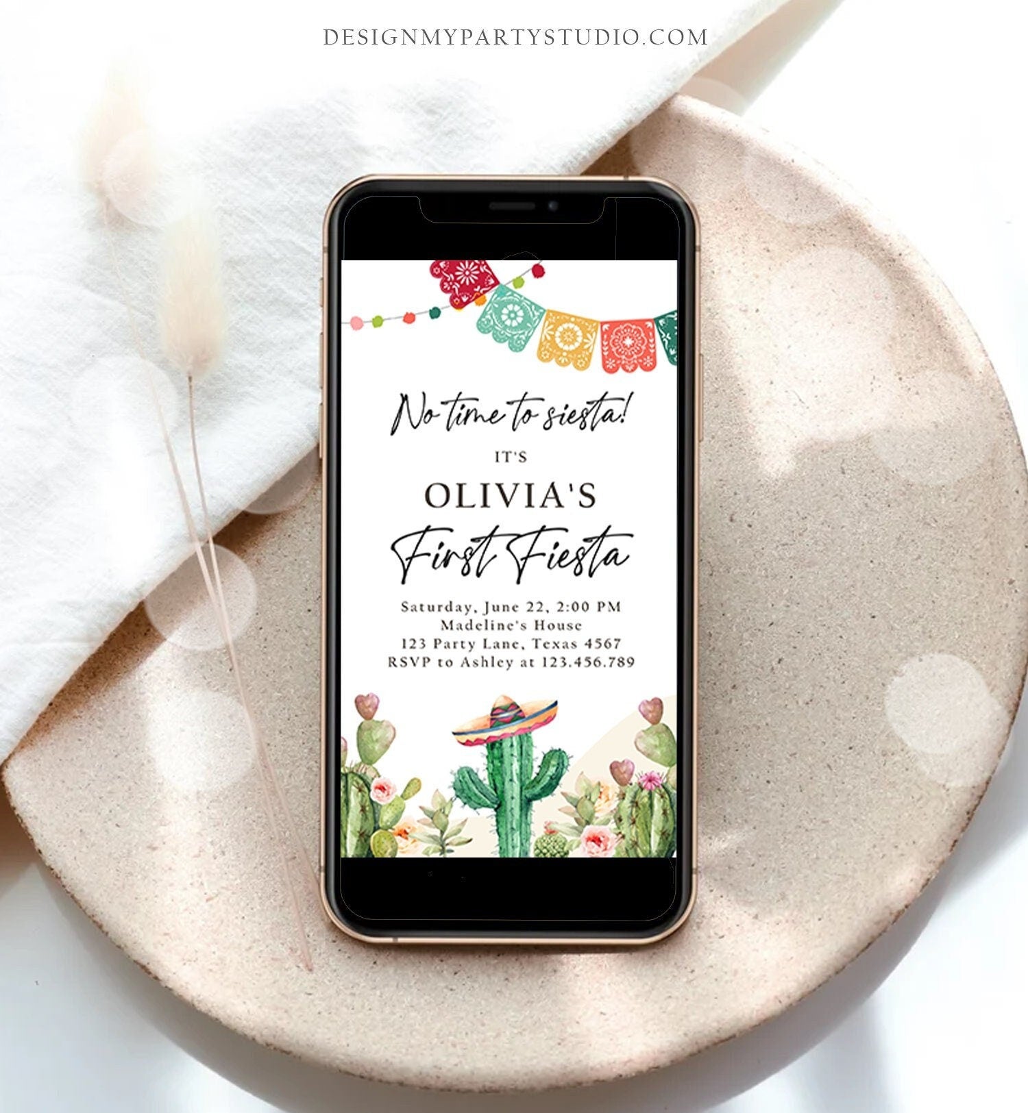 Editable Fiesta Evite First Fiesta Birthday Invitation Phone Mexican Cactus Succulent Desert Floral Digital Download Evite Template 0404