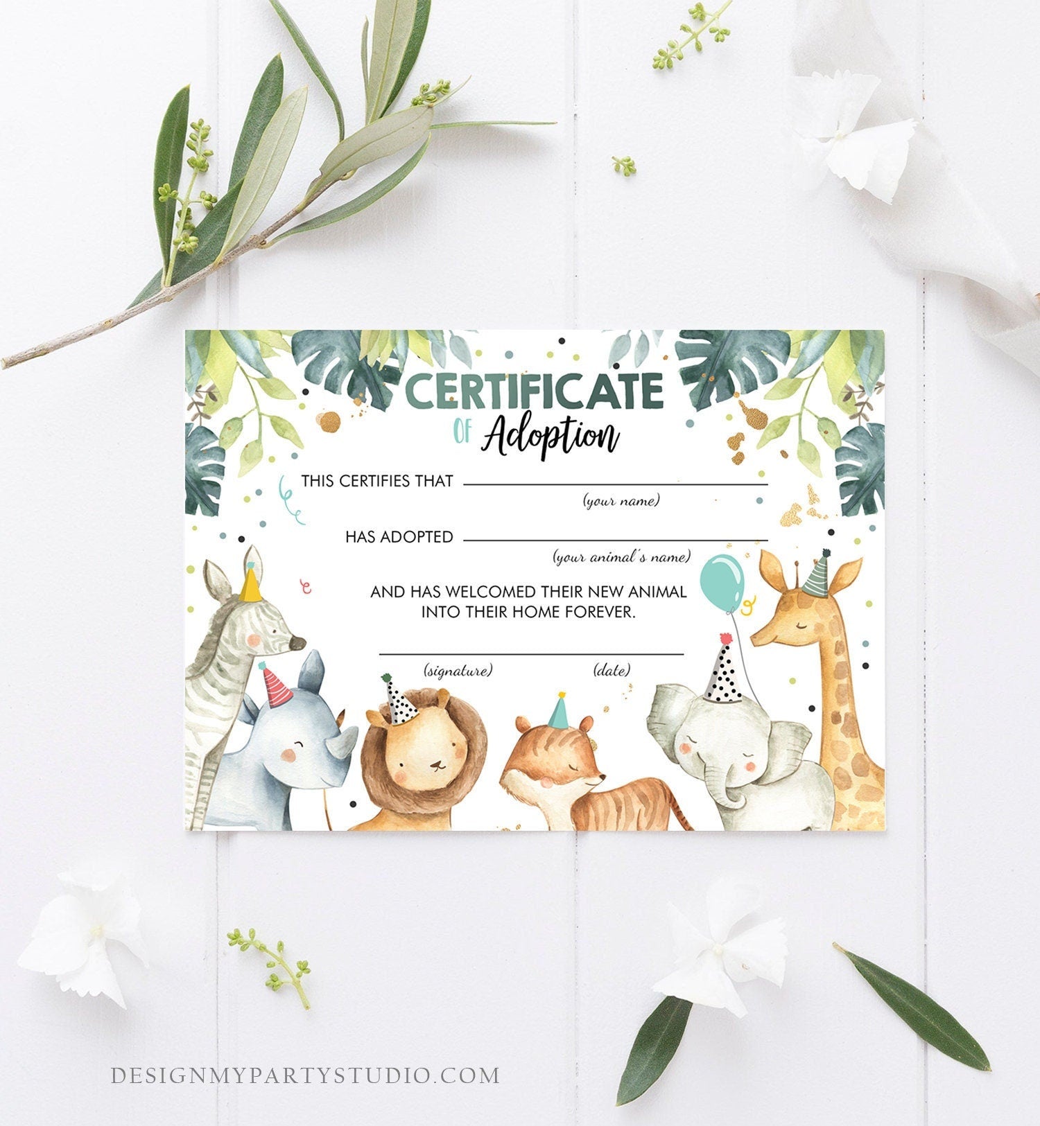 Adopt an Animal Adoption Certificate Safari Animals Adoption Wild One Birthday Party Animals Watercolor Boy Digital Download Printable 0163