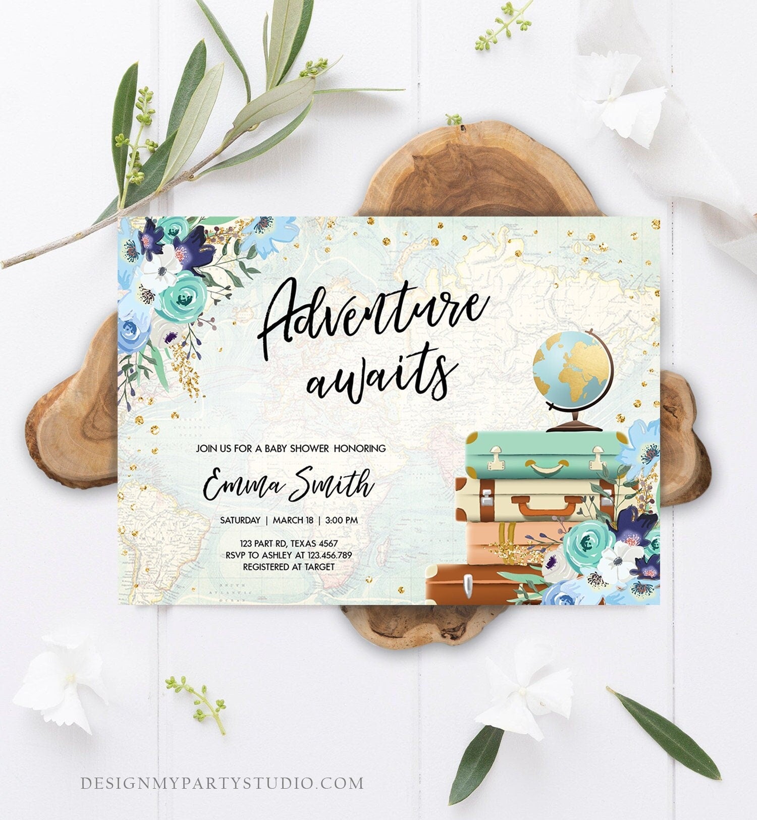 Editable Adventure Awaits Baby Shower Invitation Vintage Travel Around the World Blue Gold Floral Baby Boy Digital Template Printable 0030