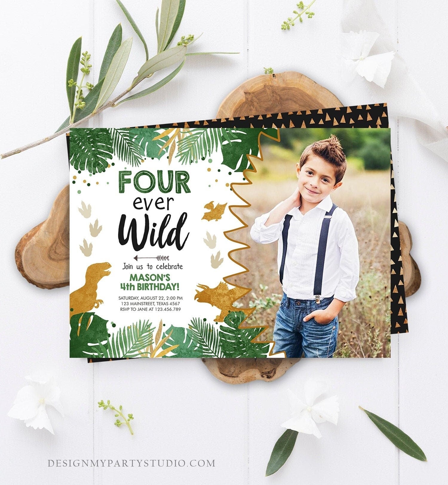 Editable Four Ever Wild Birthday Invitation Dinosaur Dino Party Boy 4th Fourth Birthday Green Gold Fourever Digital Template Printable 0146