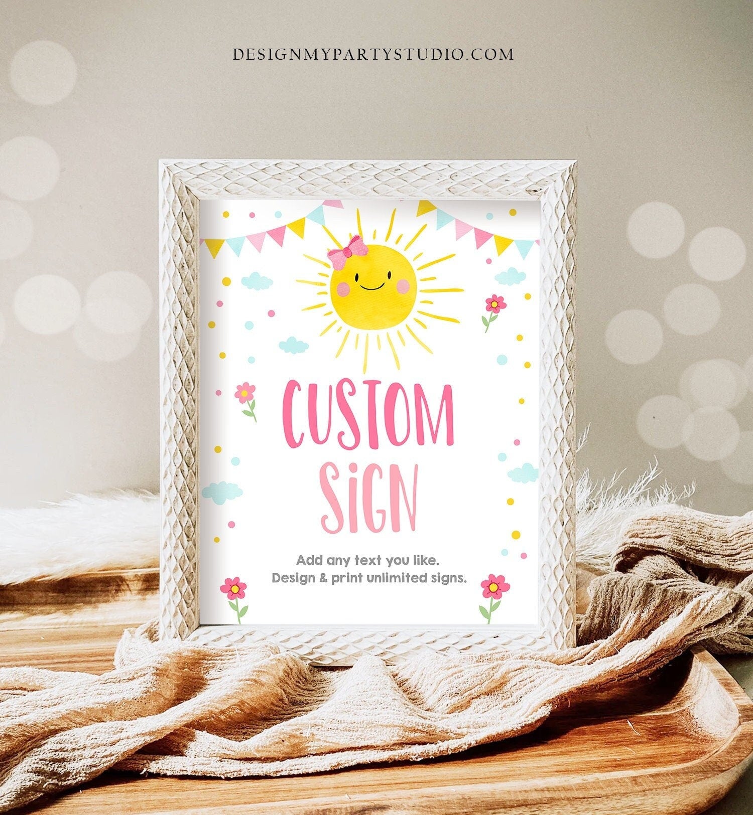 Editable Custom Little Sunshine Sign Pink Girl Birthday Party Summer Sunshine Party Summer Sun Bow Digital Download Template Printable 0141