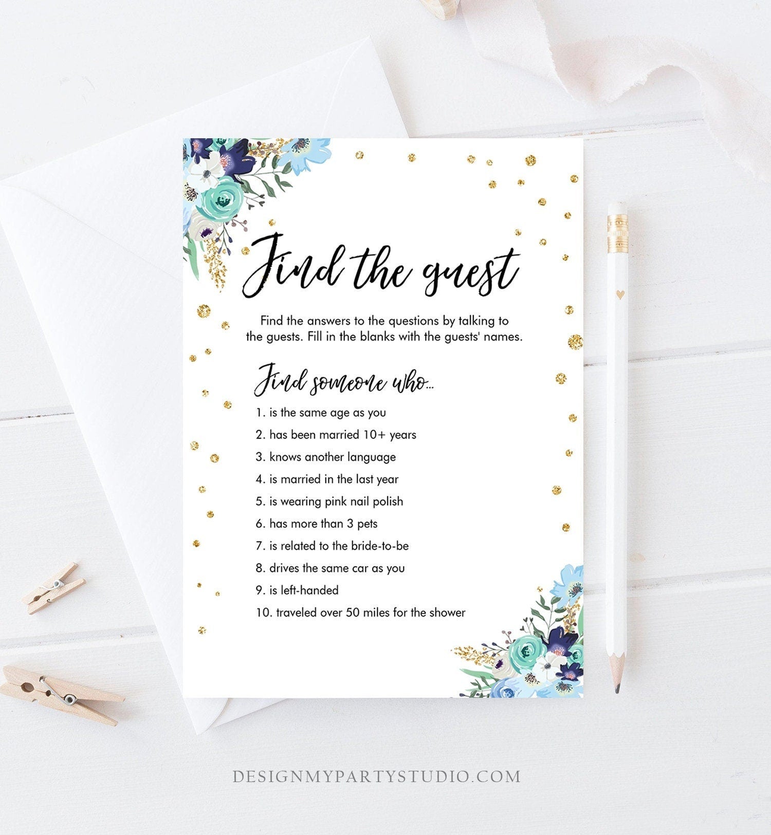 Editable Find the Guest Bridal Shower Game Wedding Shower Activity Blue Floral Gold Confetti Flowers Download Corjl Template Printable 0030