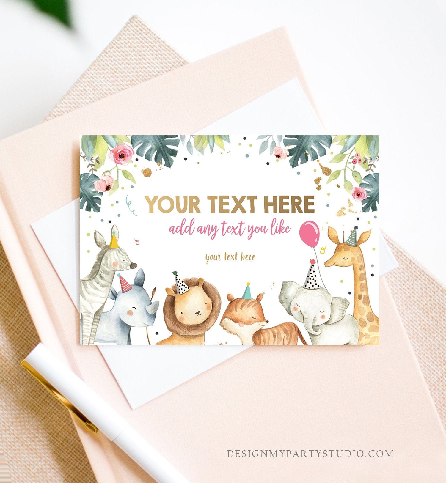 Editable Insert Card Safari Animals Girl Pink and Gold Safari Zoo Birthday Information Card Download Printable Template Digital Corjl 0163