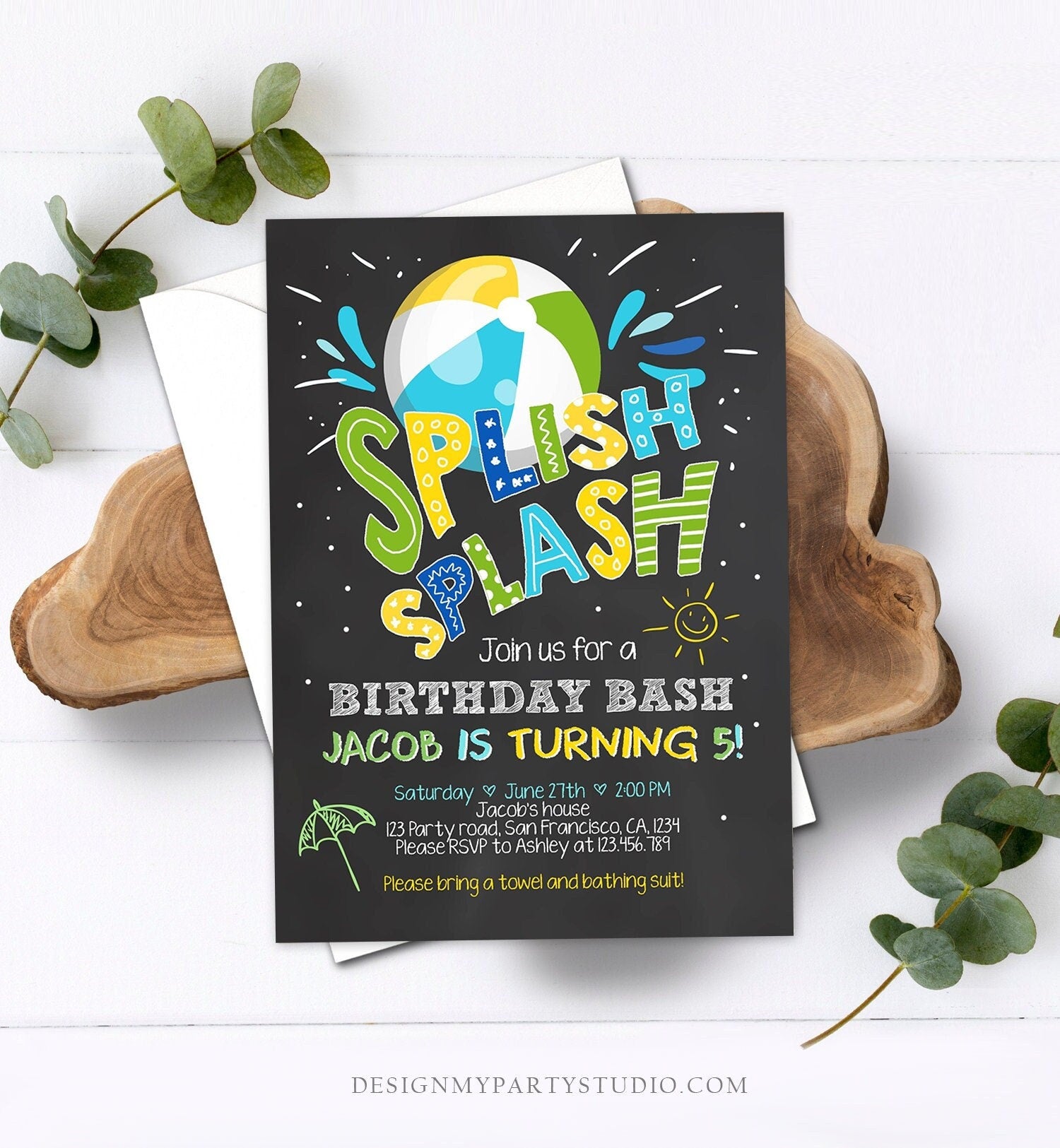 Editable Splish Splash Birthday Invitation Pool Party Boy Beach Ball Blue Green Birthday Bash Download Printable Invite Template Corjl 0169