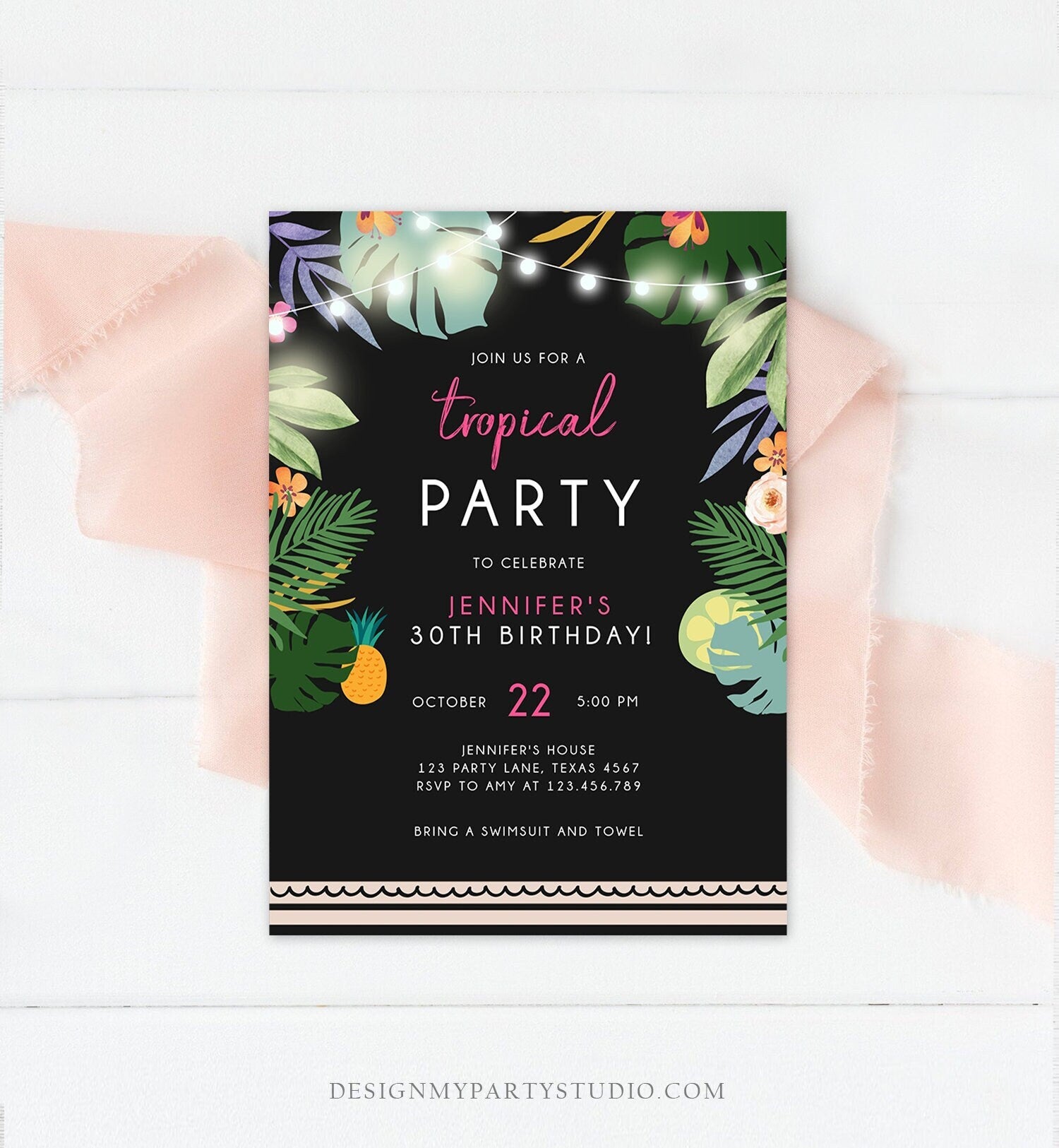 Editable Tropical Birthday Invitation Tropical Party Adult 30th 40th Birthday Woman Palm Leaves Hawaiian Digital Template Printable 0183