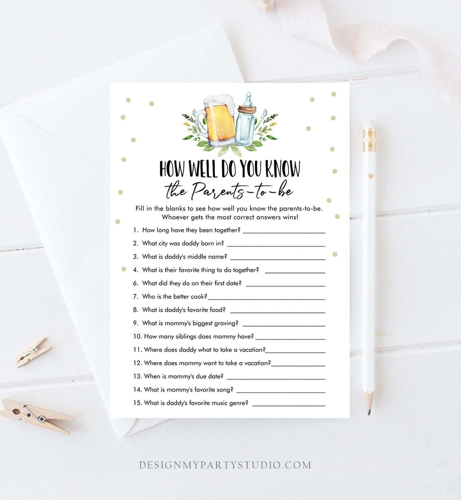 Editable How Well Do You Know the Parents Baby Shower Game Greenery Baby is Brewing Activity Beer Bottle Digital Template Printable 0190