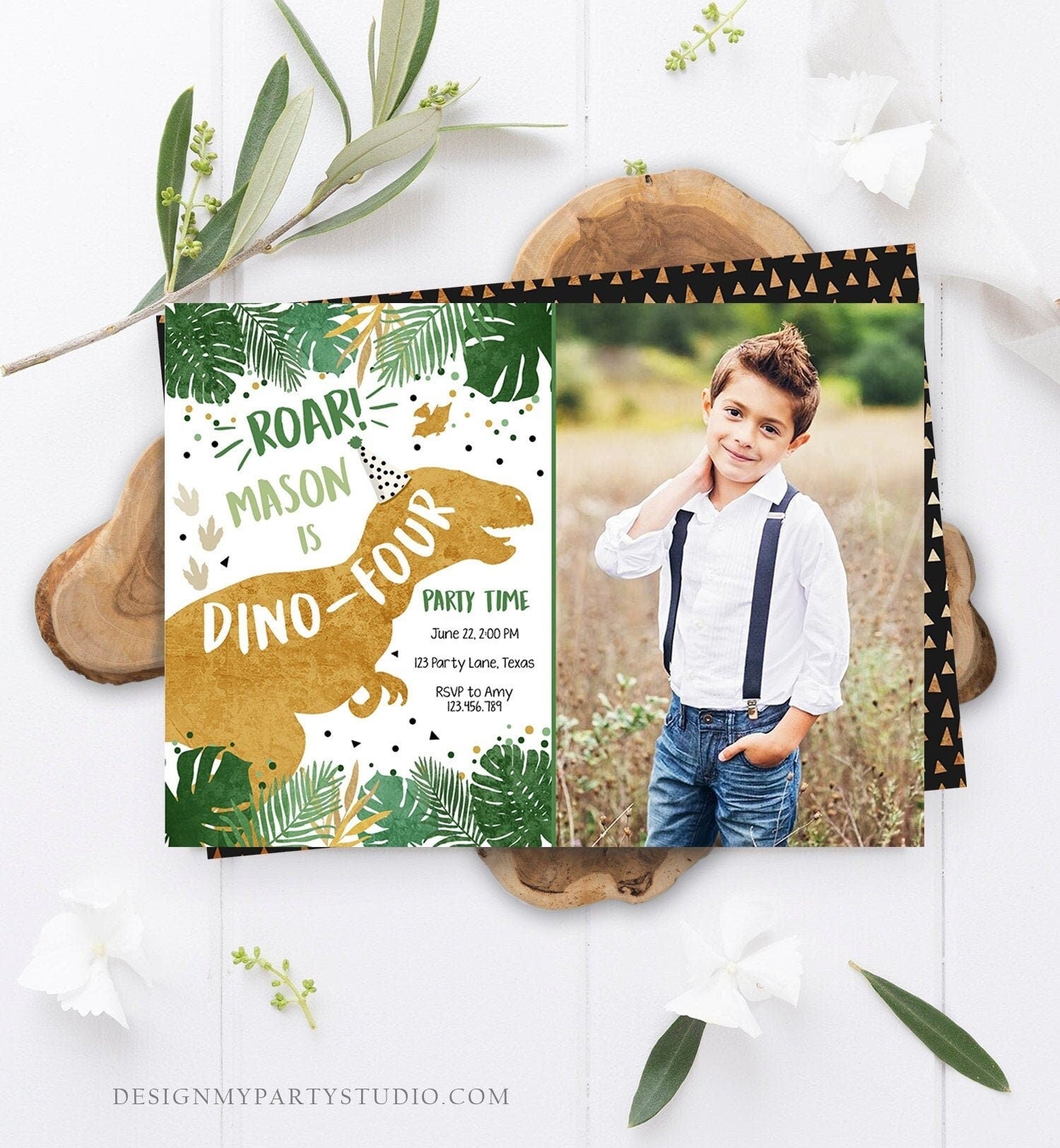 Editable Dino-Four Dinosaur Birthday Invitation Dino T-Rex Boy Fourth Birthday 4th RAWR ROAR Green Gold Corjl Template Printable 0146