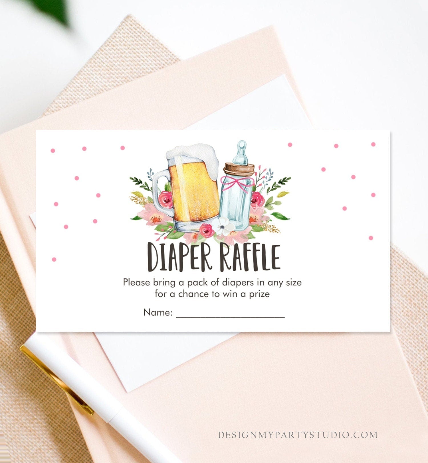 Editable Diaper Raffle Ticket Diaper Game Card Baby is Brewing Baby Shower Girl Beers Bottles Digital Download Template Printable 0190