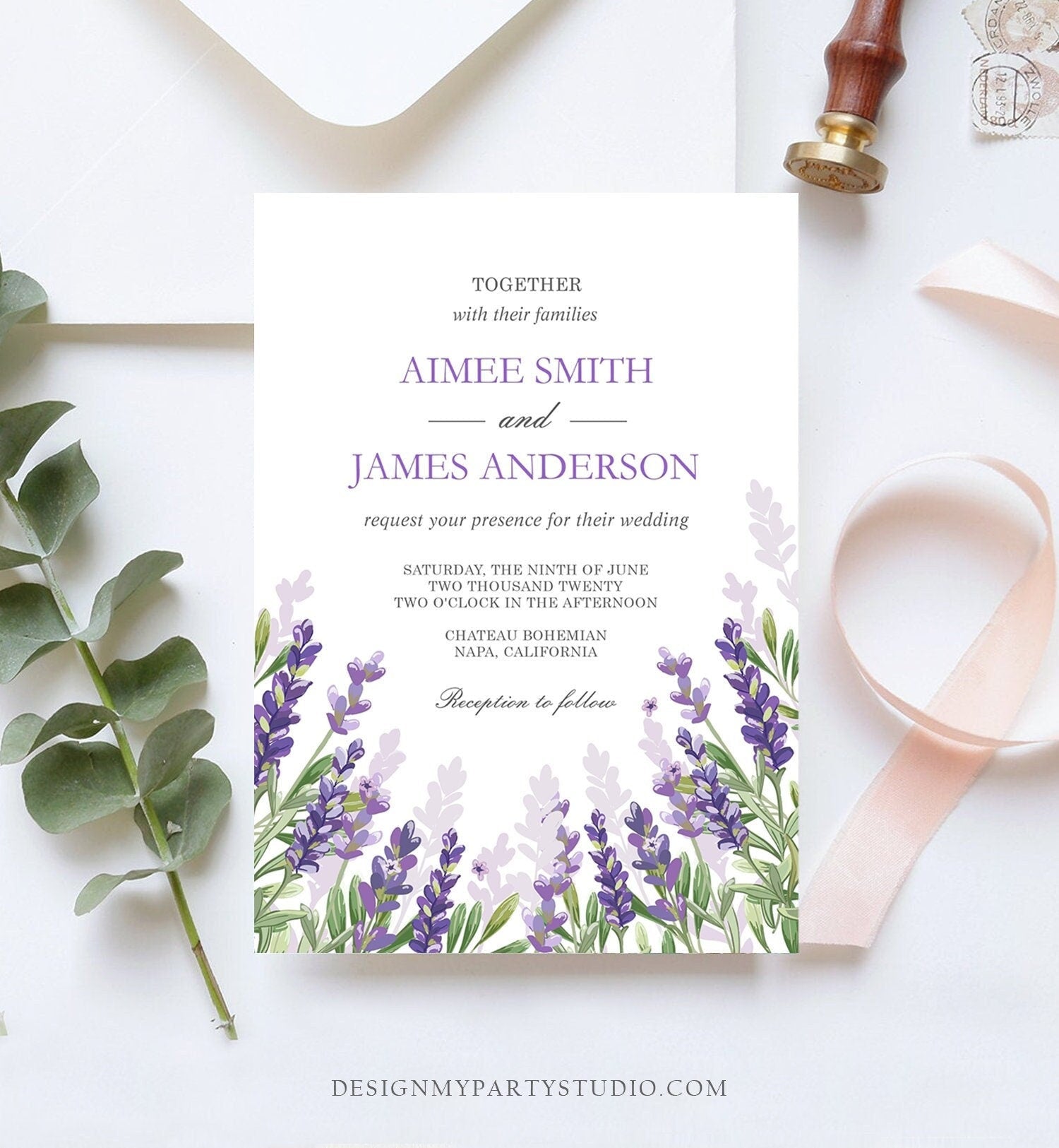 Editable Lavender Wedding Invitation Greenery Foliage Boho Bridal Shower Lilac Blush Lavender Purple Digital Corjl Template Printable 0206