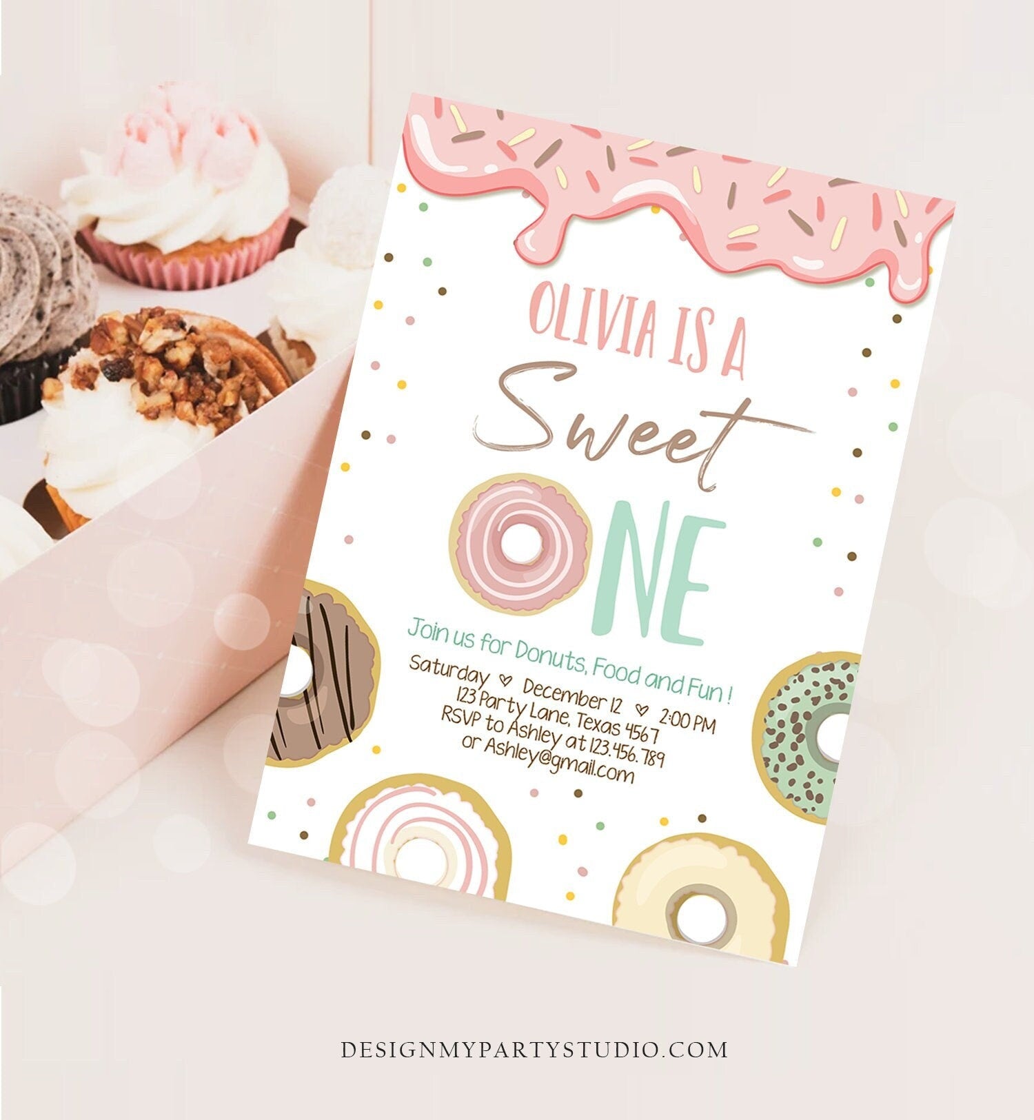Editable Donut Sweet One Birthday Invitation First 1st Birthday Party Pink Girl Sweet Party Digital Download Printable Template Corjl 0320