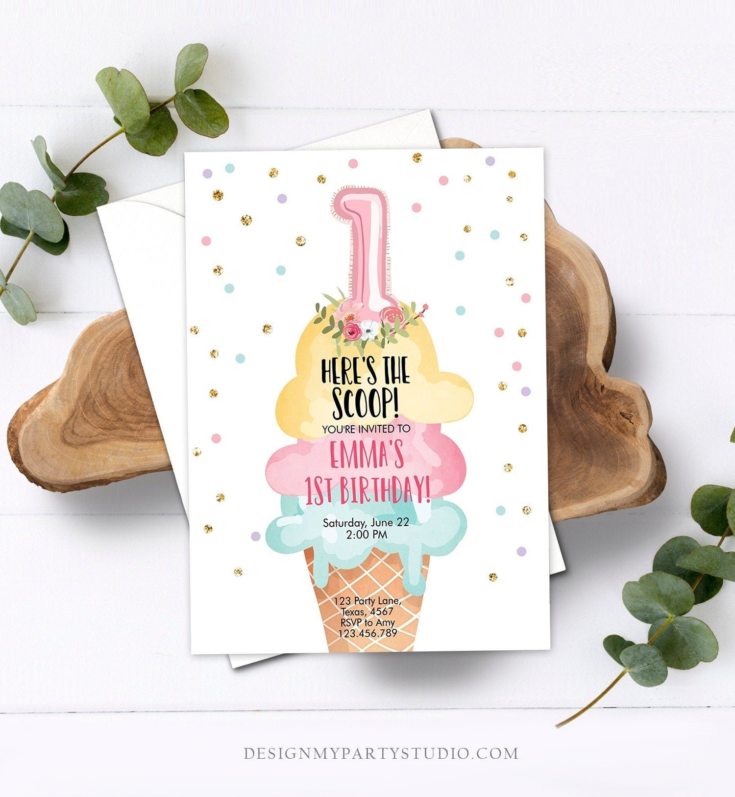 Editable Ice Cream Birthday Invitation First Birthday Party Here's the Scoop Cone Pink Mint Gold Download Printable Template Corjl 0243