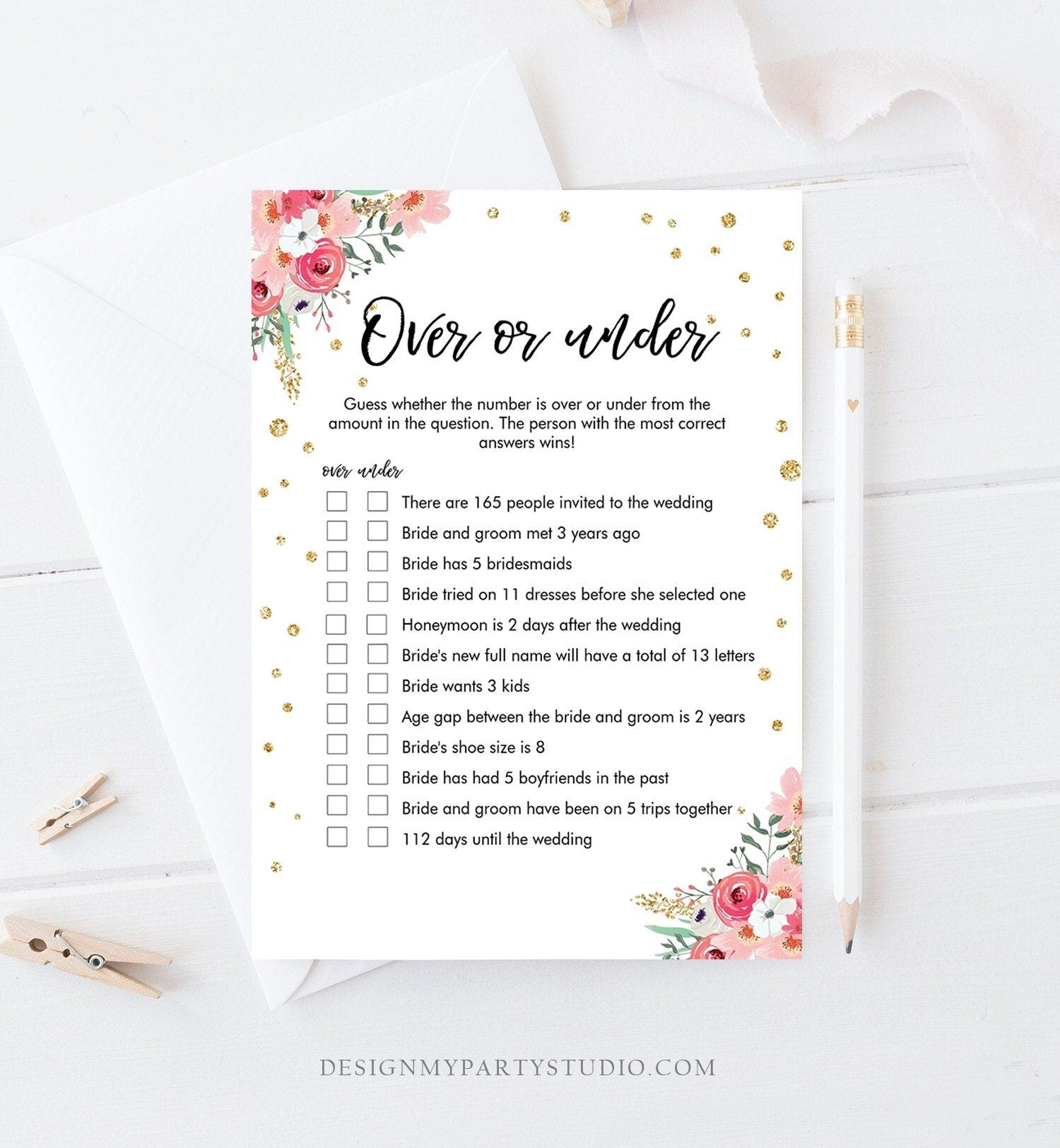 Editable Over or Under Bridal Shower Game Floral Greenery Pink Gold Confetti Hens Night Guessing Pink Digital Template Printable 0030 0318