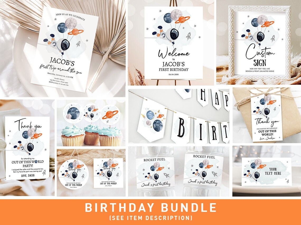 Space Birthday Invitation Bundle Space Party First Trip Around the Sun Galaxy Boy Astronaut Blast Digital Download Template Printable 0366
