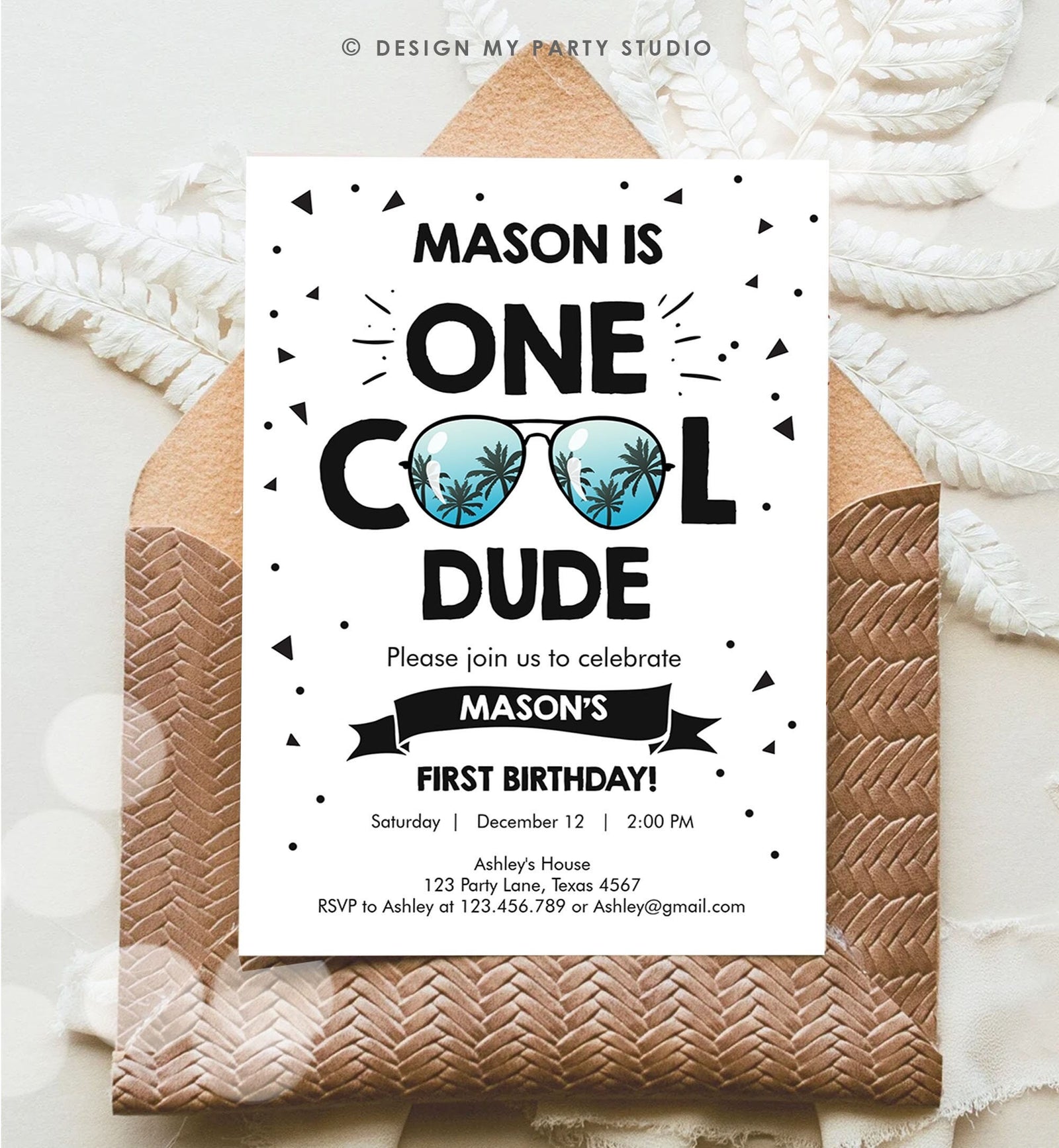Editable One Cool Dude 1st Birthday Invitation Boy First Birthday Sunglasses Palm Tropical Pool Digital Evite Template Printable 0136