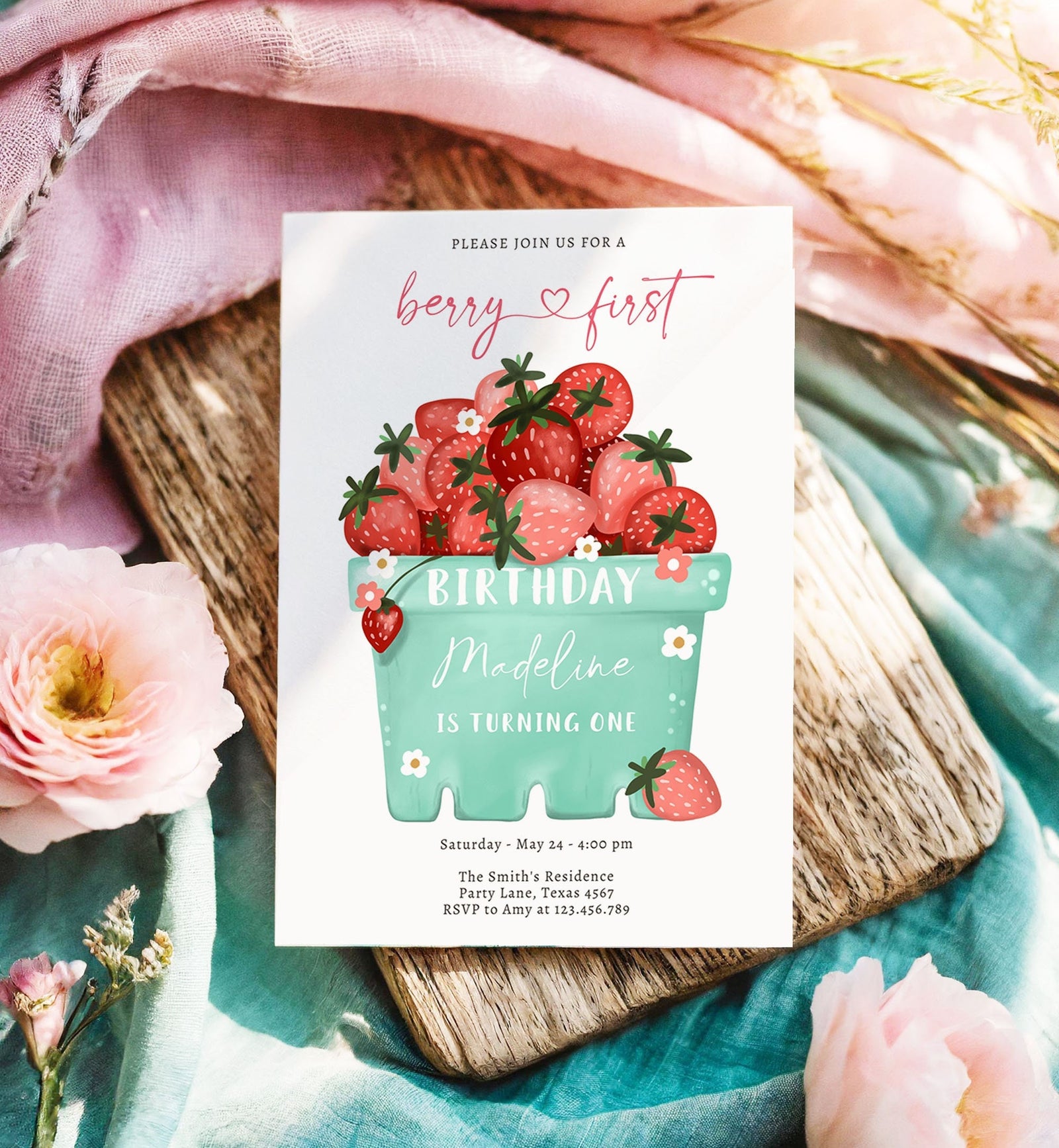 Editable Strawberry Birthday Invitation First Birthday Berry Sweet Girl Cute Strawberries 1st Digital Download Evite Template Printable 0506