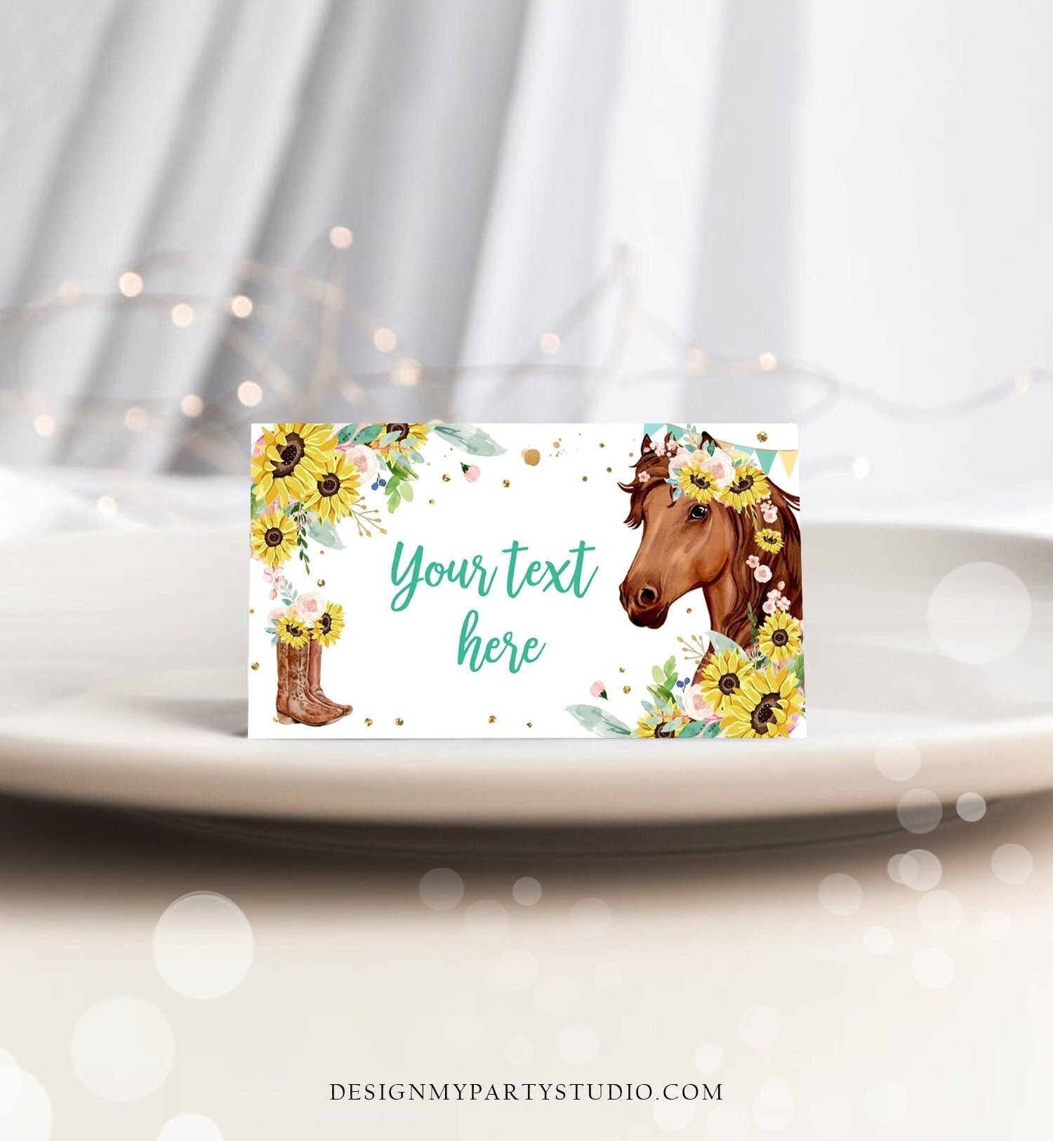 Editable Horse Birthday Food Tent Cards Horse Labels Cowgirl Party Place Card Girl Sunflowers Pony Saddle Up Digital Template Printable 0408