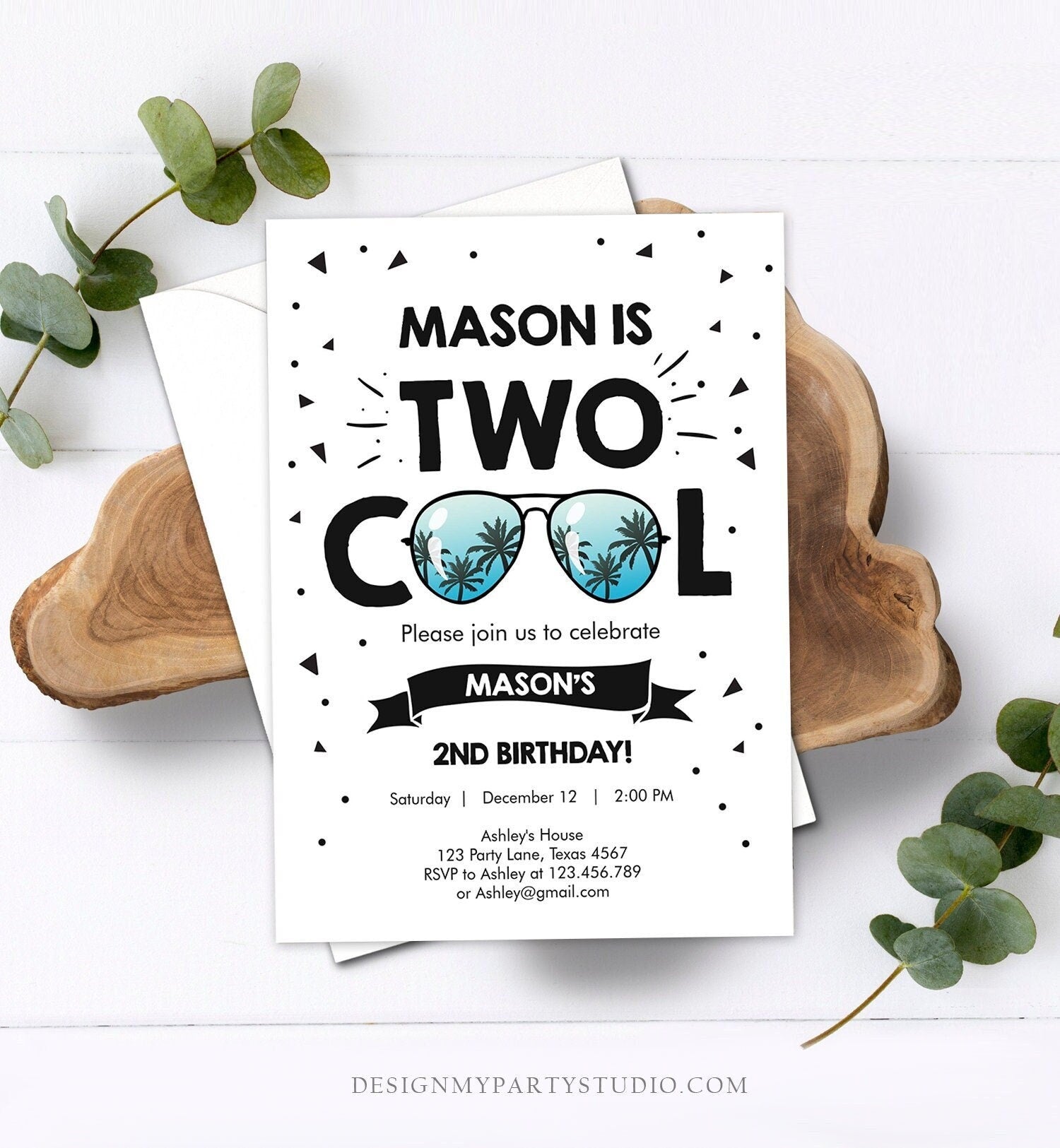 Editable Two Cool Birthday Invitation Boy Second Birthday Party 2nd I'm this Many I'm Two Cool Sunglasses Palm Corjl Template Printable 0136
