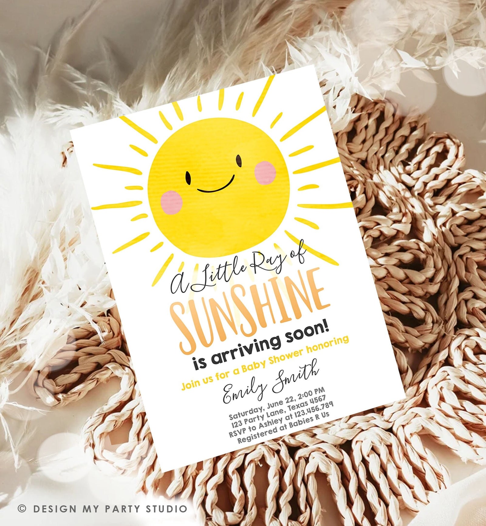 Editable Sunshine Baby Shower Invitation A Ray of Sunshine Little Sunshine Gender Neutral Digital Download Evite Template Printable 0141