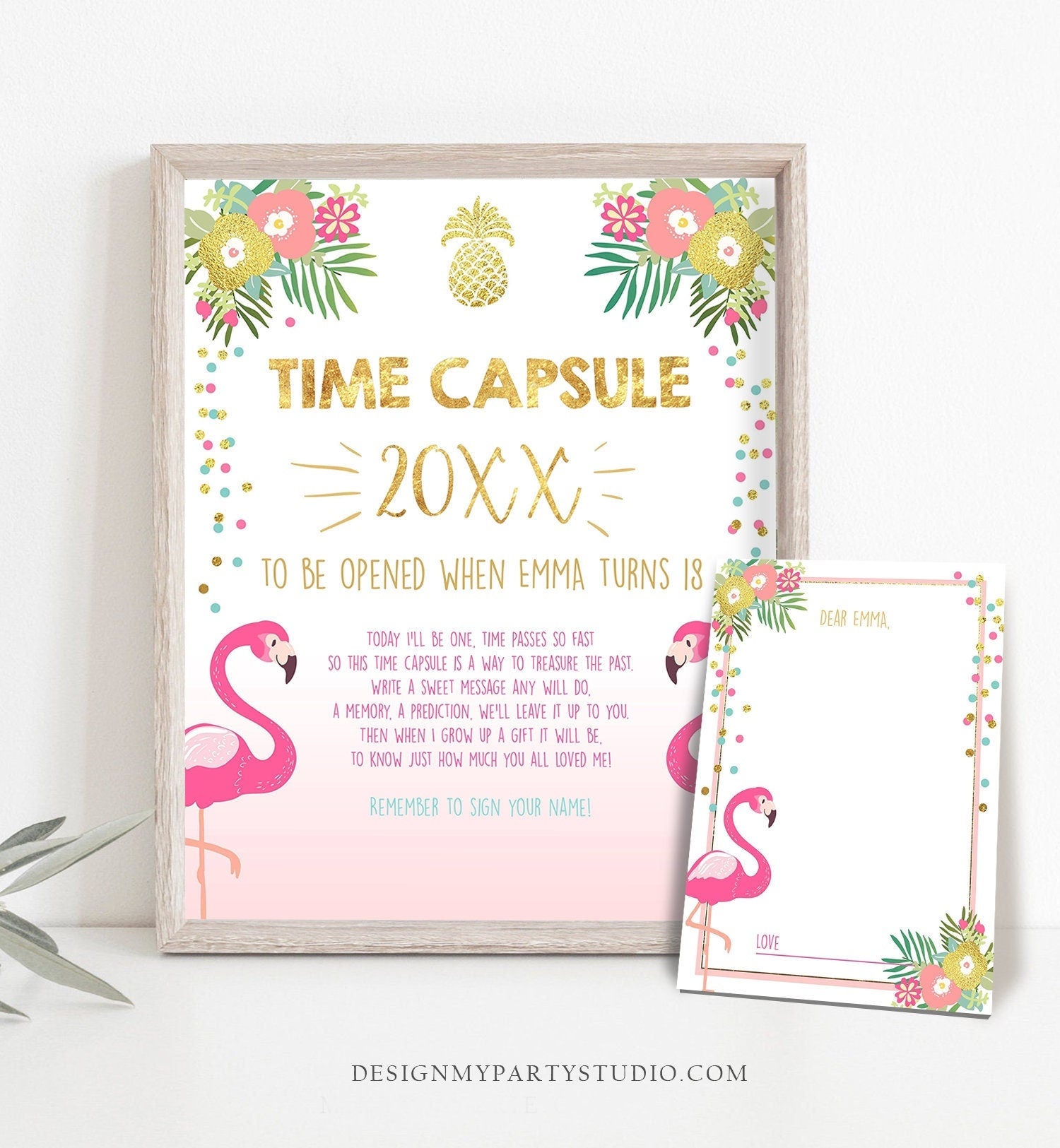 Editable Tropical Aloha Time Capsule First Birthday Guestbook Wishes for Baby Flamingo Luau Download Corjl Template Printable 0200