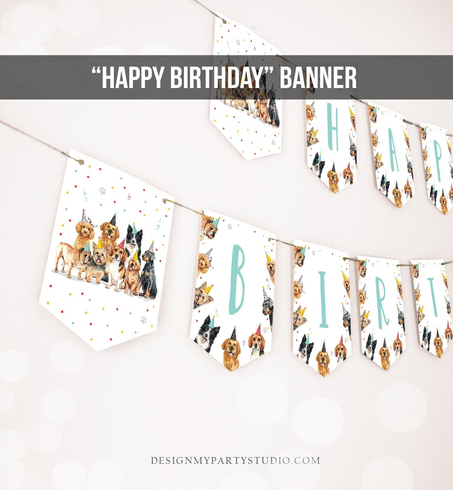 Happy Birthday Banner Dog Birthday Banner Puppy Pawty Girl Decor Animal Pet Vet Puppy Party Dogs Digital Download Template Printable 0384